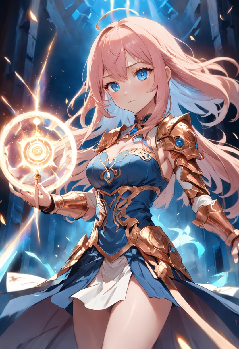 A woman in a pink leotard holding a sword、solo、Short blonde girl、Red-eyed girl、Two Side Up Hair、drills hair、Zodiac Knight Girl、 portrait Zodiac Knight Girl、Shining Rubellite Armor、、Big Breasts、cleavage、Girls with very large breasts、A charming princess night、Dressed in light armor、Leotard Armor Girl、Dark blue pantyhose、Shiny Rubellite Armor、Galaxy Princess、Crystal Rubellite Armor、Epic battle fantasy、The King's Hymn as a Princess、High quality anime art style、Smooth anime CG art、Princess Night、Digital Manga Art、Magical Girl Anime、High quality color sketches、Princess of Rubellite、Rubellite Reflective Armor、looking at viewer、Cowboy Shot、
