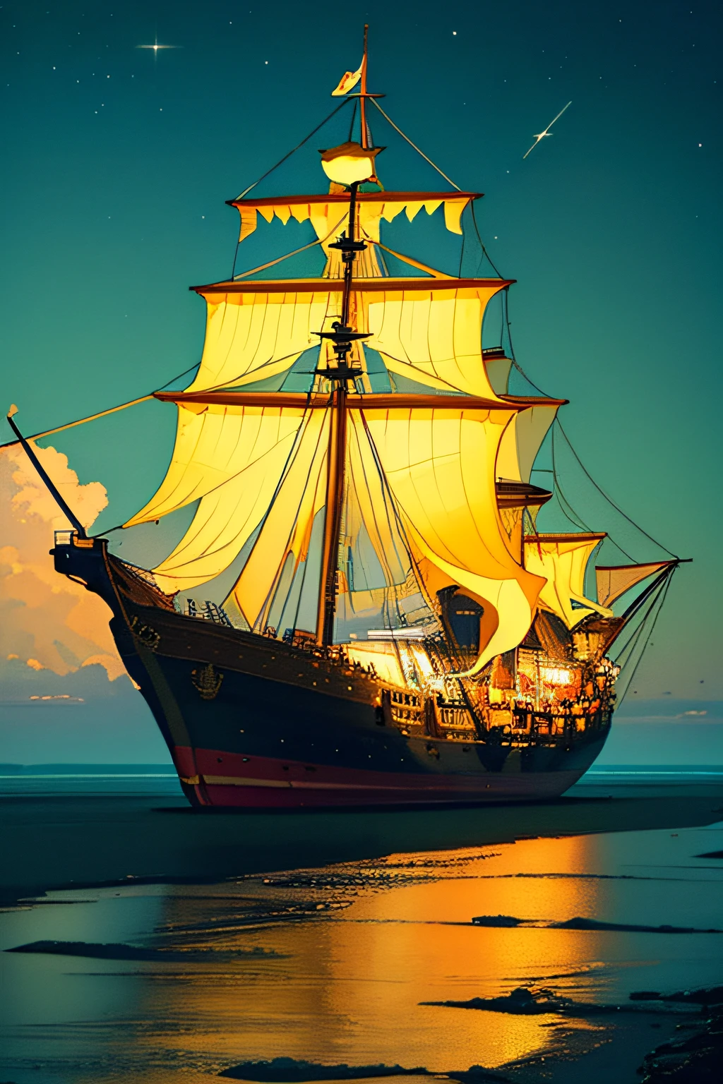 extremely detailed 8k wallpaper,(highly detailed:1.1), ((masterpiece:1.1)),[anime:Impasto:0.5], intricate , fantasy,(1ship),(ocean:1.2),[golden boat:golden boat with (green fire:1.2):0.1], clear sky ,wind ,beautiful sky,(nightsky),(galaxy), (huge blood moon in the background:1.05)