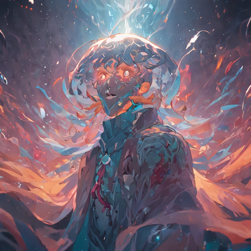 A spirit man who half-turned into a jellyfish, Unreal Engine 5, Cinematic, Color grading, Portrait photography, Ultra-wide angle, Depth of field, Hyper-detailed, beautifully color-coded, insanely details, Intricate details, beautifully color-graded, illusory engine, editorial photography , photoshoot, Shot on 70mm lense, Depth of field, degrees of freedom, 32K, Hyper-Resolution