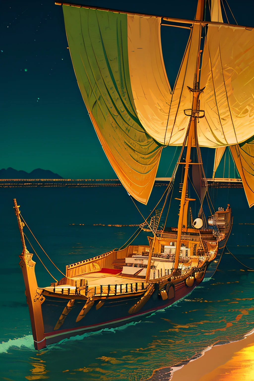 extremely detailed 8k wallpaper,(highly detailed:1.1), ((masterpiece:1.1)),[anime:Impasto:0.5], intricate , fantasy,(1ship),(ocean:1.2),[golden boat:golden boat with (green fire:1.2):0.1], clear sky ,wind ,beautiful sky,(nightsky),(galaxy), (huge blood moon in the background:1.05)