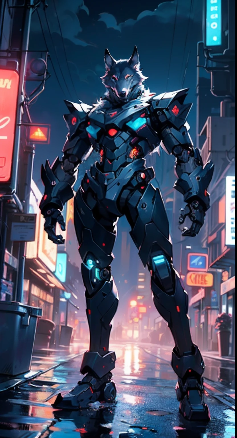 (((A mechanical wolf,cyborg wolf,cyborg-wolf,animal,wolf robot))),no human,detailed wolf,
(dynamic pose:1.0),solo focus,(centered,scale to fit dimensions,Rule of thirds),
cyberpunk city by the ocean at night, with bright neon signs and dark stormy clouds and puddles,
High resolution, sharp focus, (ultra detailed, extremely detailed), (photorealistic artwork:1.37), 8k wallpaper,((synthwave background theme)),((vibrant colors)),(intricate),masterpiece,(best quality),