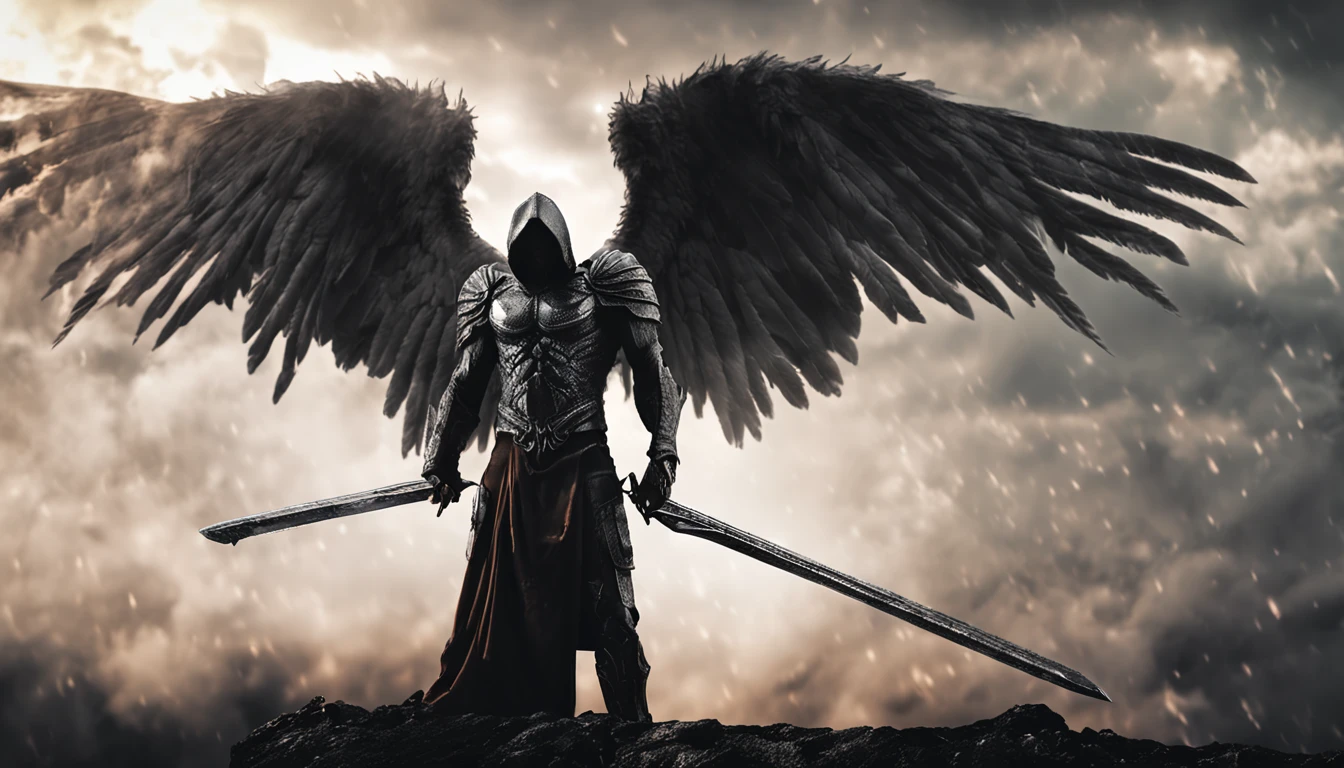 The image of God's angels,Standing in hell with a sword in hand, angel in hell, archangel, Angels VS Demons, angel watching demon, Angels and demons, Angels protect people, Archangel Michael, angel of death, battle between angels and demons, super wide angel, Epic angel wings, Angels protect those who pray, human need death angel. ((epic image)), ((high high quality)), 16k