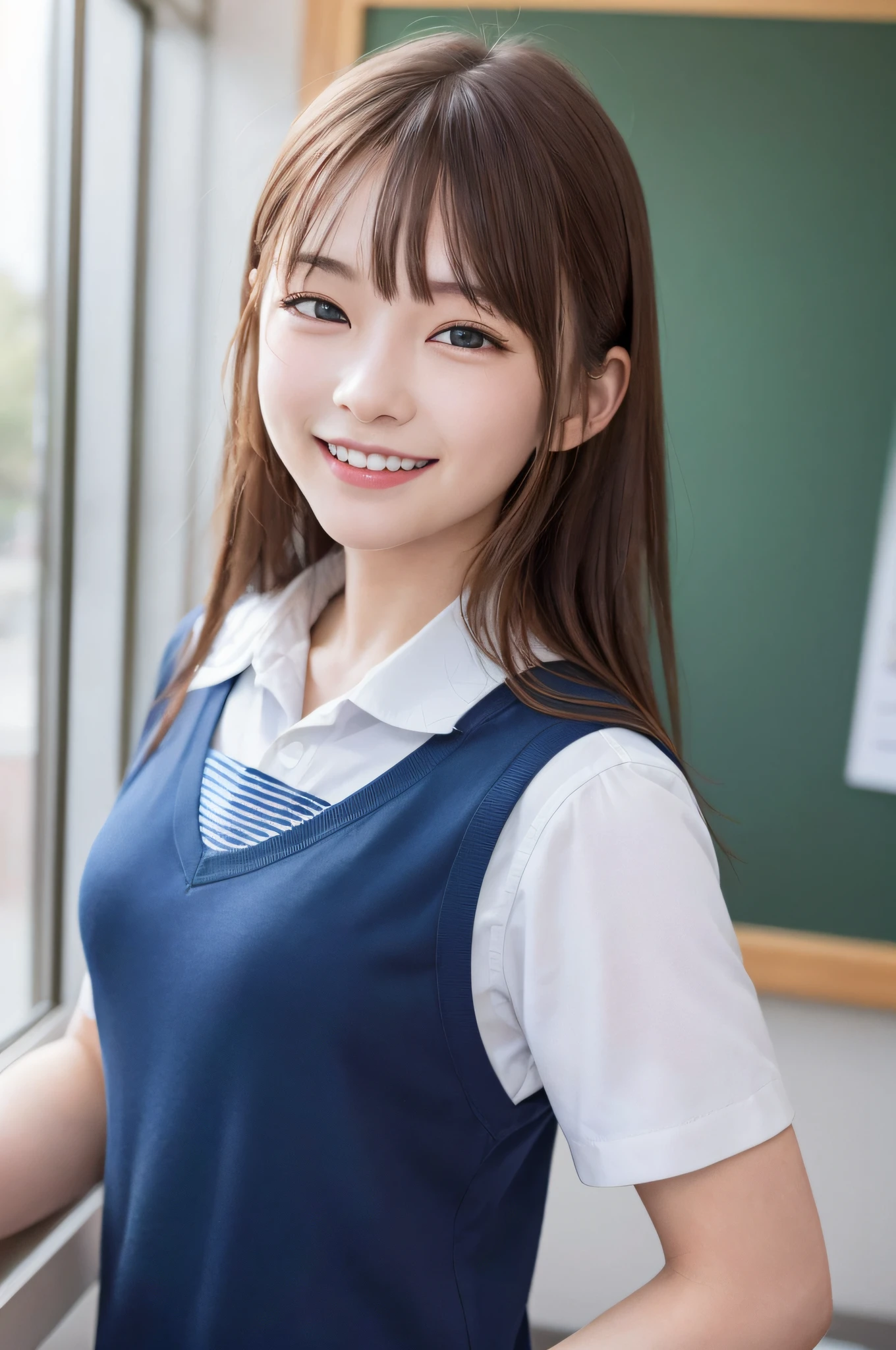 (Facial portrait:1.2), Upper Body, (masterpiece), highest quality, Expressive eyes, Perfect Face, High resolution, 1 girl, alone, ddlcmonic, Blunt bangs, Brown Hair, (Green Eyes:1.5), Long Hair, ponytail, ribbon, white ribbon, hair ribbon, Side Lock, brown Jacket, Jacket, Long sleeve, , zettai ryouiki, smile, indoor, Classroom Background, Are standing, Looking at the audience、Nipples are visible