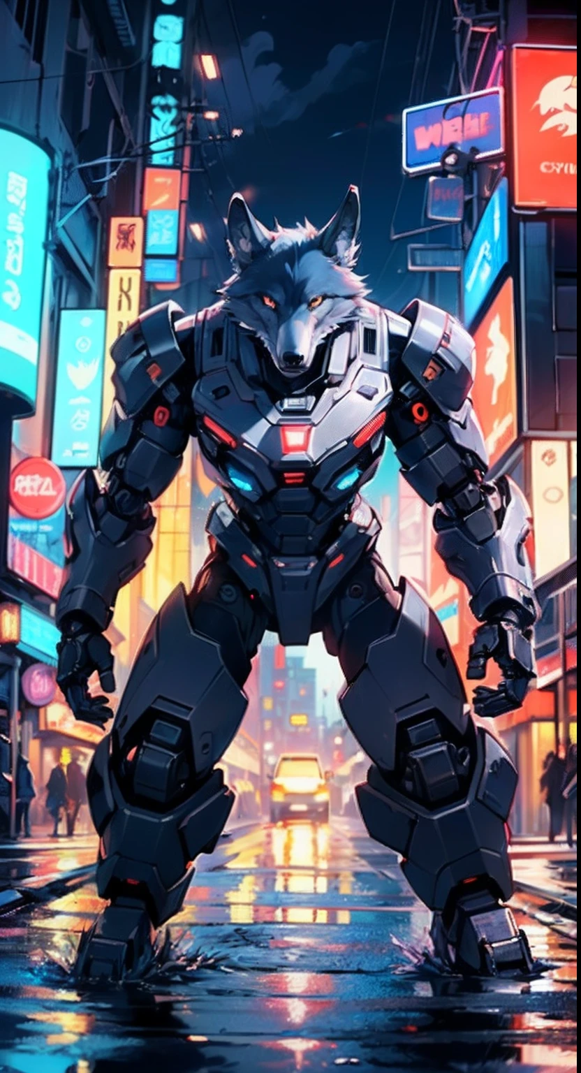 (((A mechanical wolf,cyborg wolf,cyborg-wolf,animal,wolf robot))),no human,detailed wolf,

(dynamic pose:1.0),solo focus,(centered,scale to fit dimensions,Rule of thirds),

cyberpunk city by the ocean at night, with bright neon signs and dark stormy clouds and puddles,

High resolution, sharp focus, (ultra detailed, extremely detailed), (photorealistic artwork:1.37), 8k wallpaper,((synthwave background theme)),((vibrant colors)),(intricate),masterpiece,(best quality),