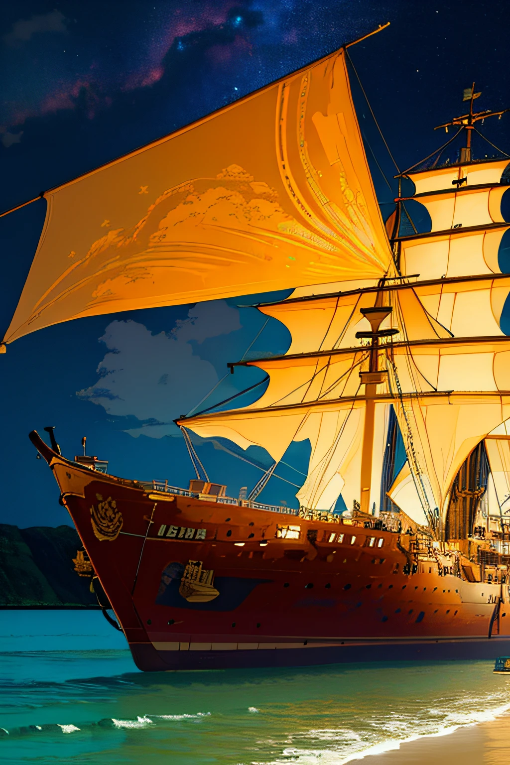 extremely detailed 8k wallpaper,(highly detailed:1.1), ((masterpiece:1.1)),[anime:Impasto:0.5], intricate , fantasy,(1ship),(ocean:1.2),[golden boat:golden boat with (green fire:1.2):0.1], clear sky ,wind ,beautiful sky,(nightsky),(galaxy), (huge blood moon in the background:1.05)