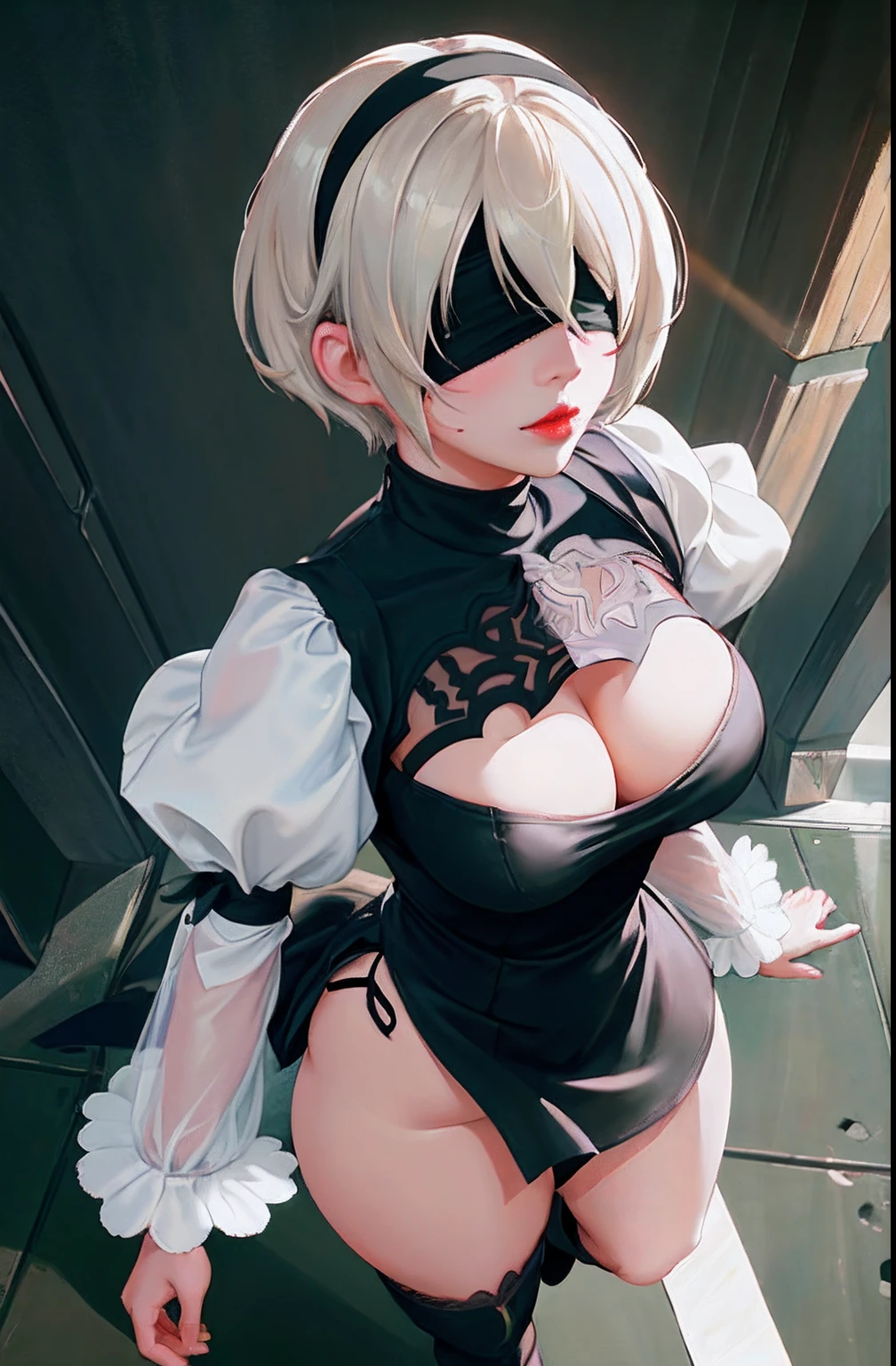 YoRHa2B,masterpiece, (photorealistic:1.4), best quality, beautiful lighting,1girl, wlop, ((blindfold)), breasts, cleavage, cleavage cutout, clothing cutout, green background, hair between eyes, hairband, highres, juliet sleeves, long sleeves, nier \(series\), nier automata, (puffy sleeves), red lips, shaded face, short hair, solo, turtleneck, upper body, white curled hair, sky RAW photo, 8k uhd, film grain, full body head to toe shot, side view, various poses looking at viewer