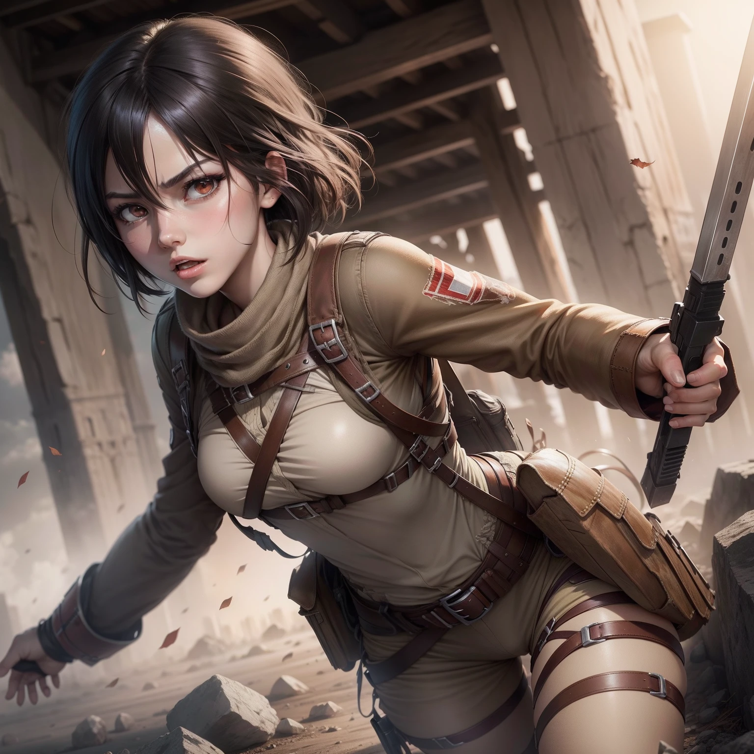 Mikasa, attack on titan, realistic, cute, beautiful, tough girl, high resolution