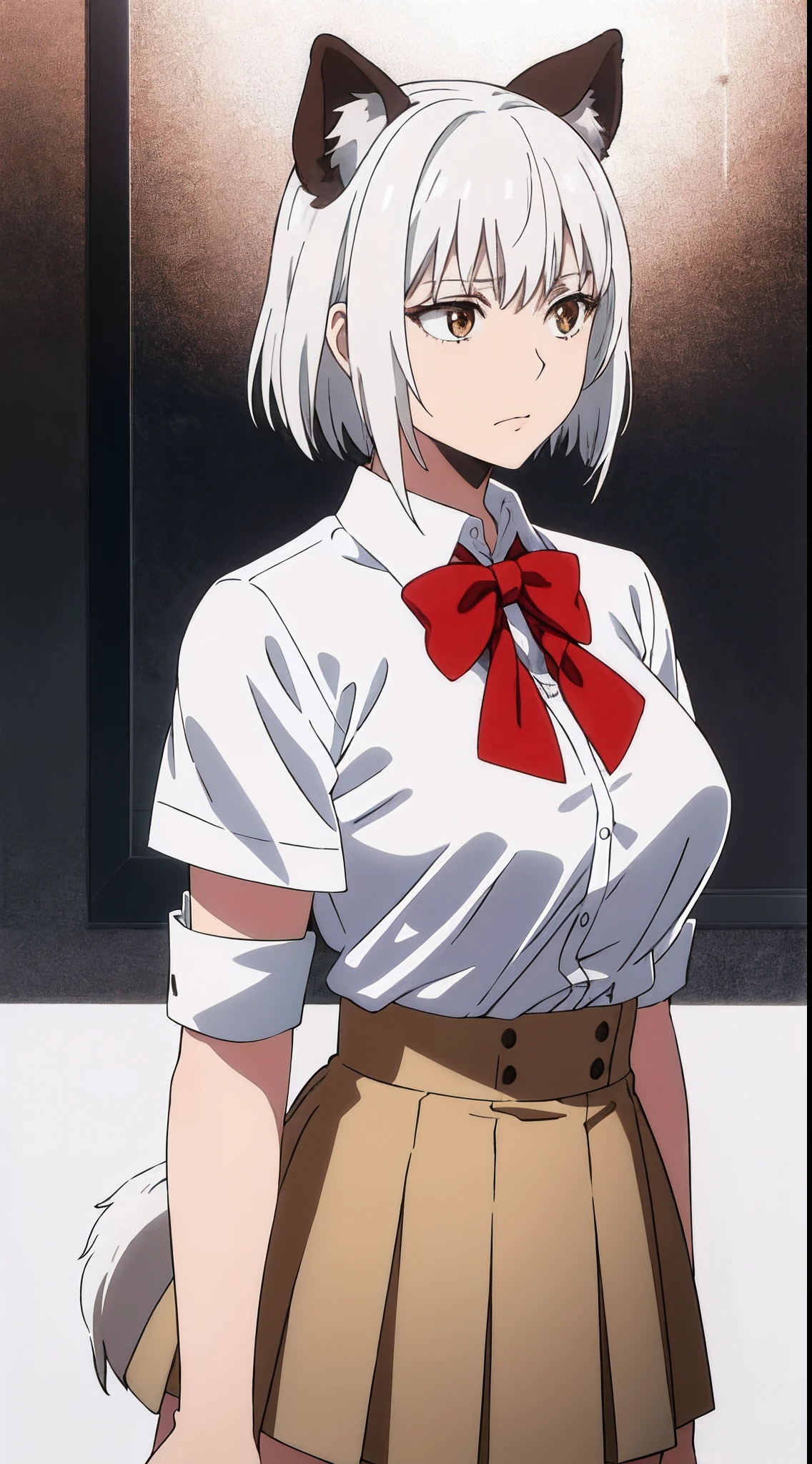 masterpiece, best quality, highres, 1girl, solo, animal ears, white hair, short hair, brown eyes, tail, large breasts, school uniform, white shirt, skirt, bowtie, red bow, standing, ((((upper body))))