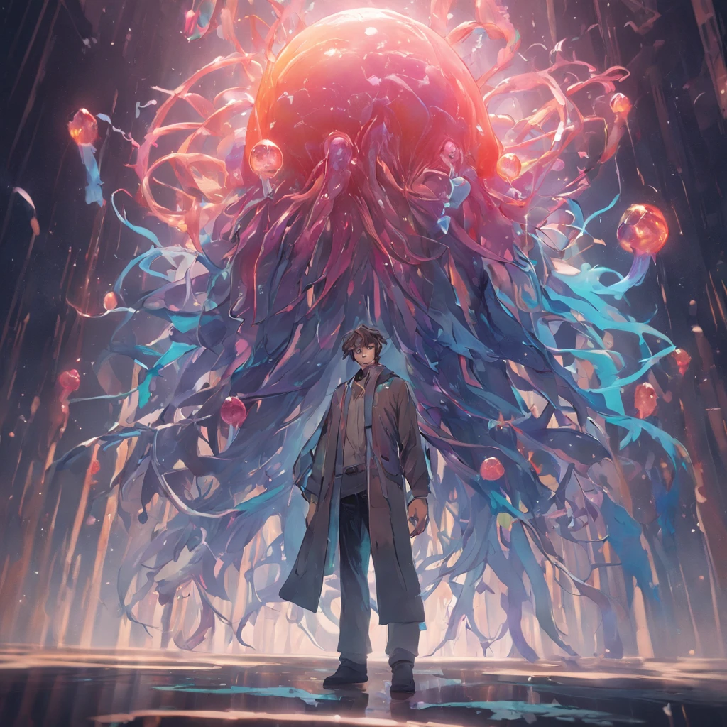 A spirit man half-turned into a jellyfish, Unreal Engine 5, Cinematic, Color grading, Portrait photography, Ultra-wide angle, Depth of field, Hyper-detailed, beautifully color-coded, insanely details, Intricate details, beautifully color-graded, illusory engine, editorial photography , photoshoot, Shot on 70mm lense, Depth of field, degrees of freedom, 32K, Hyper-Resolution