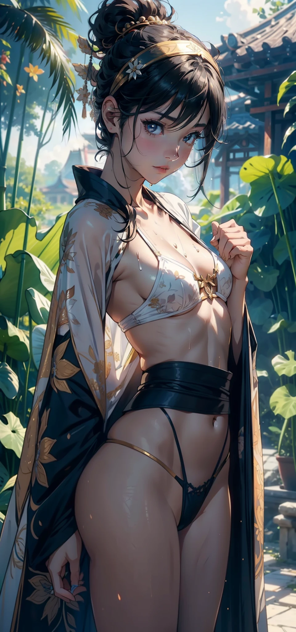 1female,Small ,smallunderboob ,Pornographic exposure, 独奏,(Background with:bamboo forrest,lotuses,lotus flower,exteriors,) She has short black hair,bobo head,Sweat profusely,drenched all over the body,seen from the front, hair straight, mostly cloudy sky,(((tmasterpiece),(Very detailed CG unity 8K wallpaper),best qualtiy,cinmatic lighting,detailed back ground,beatiful detailed eyes,Bright pupils,Black eyes,(Very fine and beautiful),(Beautiful and detailed eye description),ultra - detailed,tmasterpiece,)),facing at camera,A high resolution,ultra - detailed),,revealing breasts,Bare genitalia, Bulge,legs are open,Raised sexy,Camel toes,Flushed complexion,Open-mouthed,frontage,White floral headband,Gold Saint Seiya,captain america,elementary student(Wearing:Cloak,Black transparent kimono,Filigree embroidery,fullnude,with no underpants,Iron Man uniform)