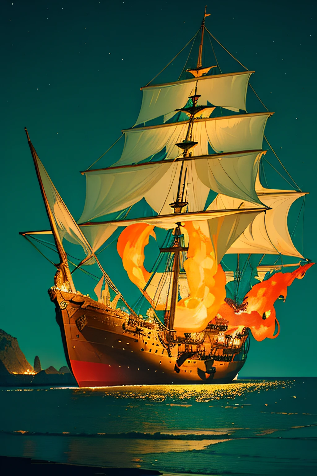 extremely detailed 8k wallpaper,(highly detailed:1.1), ((masterpiece:1.1)),[anime:Impasto:0.5], intricate , fantasy,(1ship),(ocean:1.2),[golden boat:golden boat with (green fire:1.2):0.1], clear sky ,wind ,beautiful sky,(nightsky),(galaxy), (huge blood moon in the background:1.05)