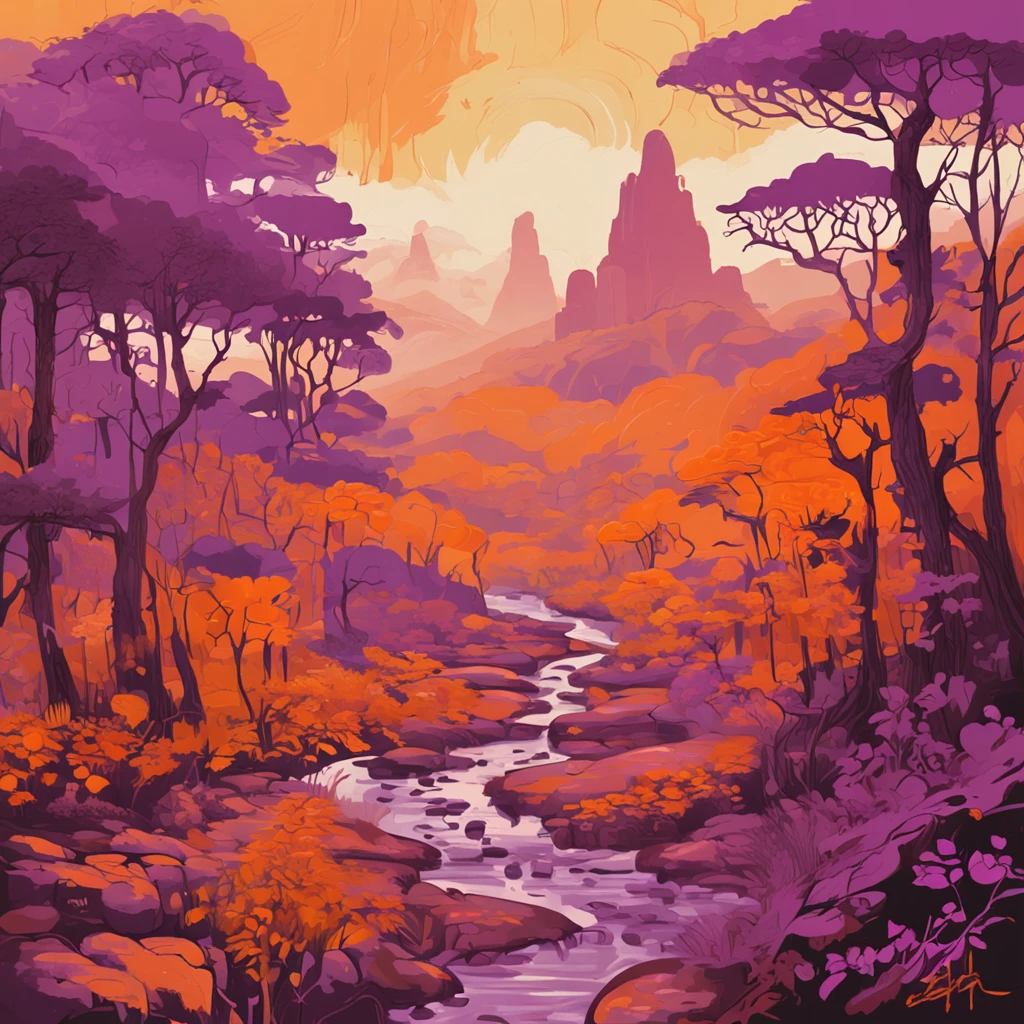 Intricate details of Yunnan forest painting, By range Yunnan, Violet in the background,The orange,Purple grapes,Citrus,Black tea is bright in color, hight contrast, mont, vector line art, orange highlights, trending on pixiv, anime concept art, Stick, carpets, high high quality, edge-to-edge, Sanskrit