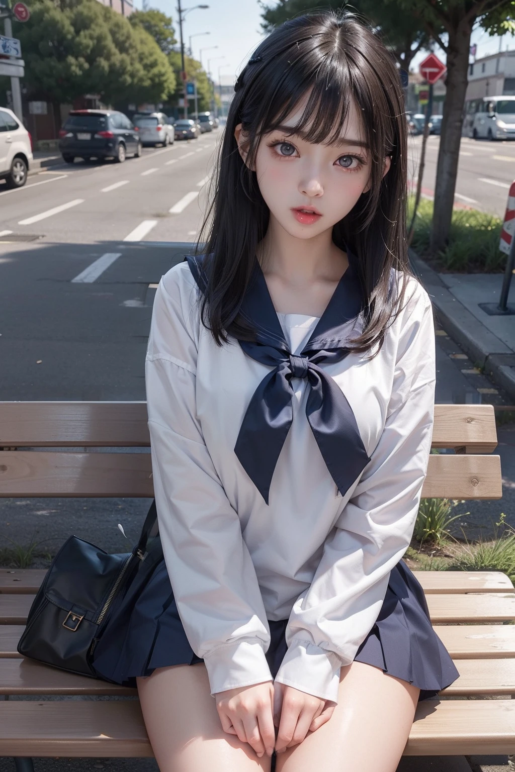 Photo Real、photoRealstic A dark-haired、straight haired、poneyTail、Blunt bangs drooing eyes、Black eyes、Plump cheeks、The contours of the face are round sixteen years old、hi-school girl、Suppin、a sailor suit、Navy blue ribbon、Drenched in sweat large full breasts、Short stature、vaginal、Female genitals、cunt、clit、Semen Boldly crouch and open legs、Normal bit、insertion、Vaginal insertion、SEX、ssex、play sex、Sperm、large amount of sperm、Sperm drenched、Intense Sex、Insert vigorously、cum shots Background with、countryside、Old bus stop、Benches、jpn