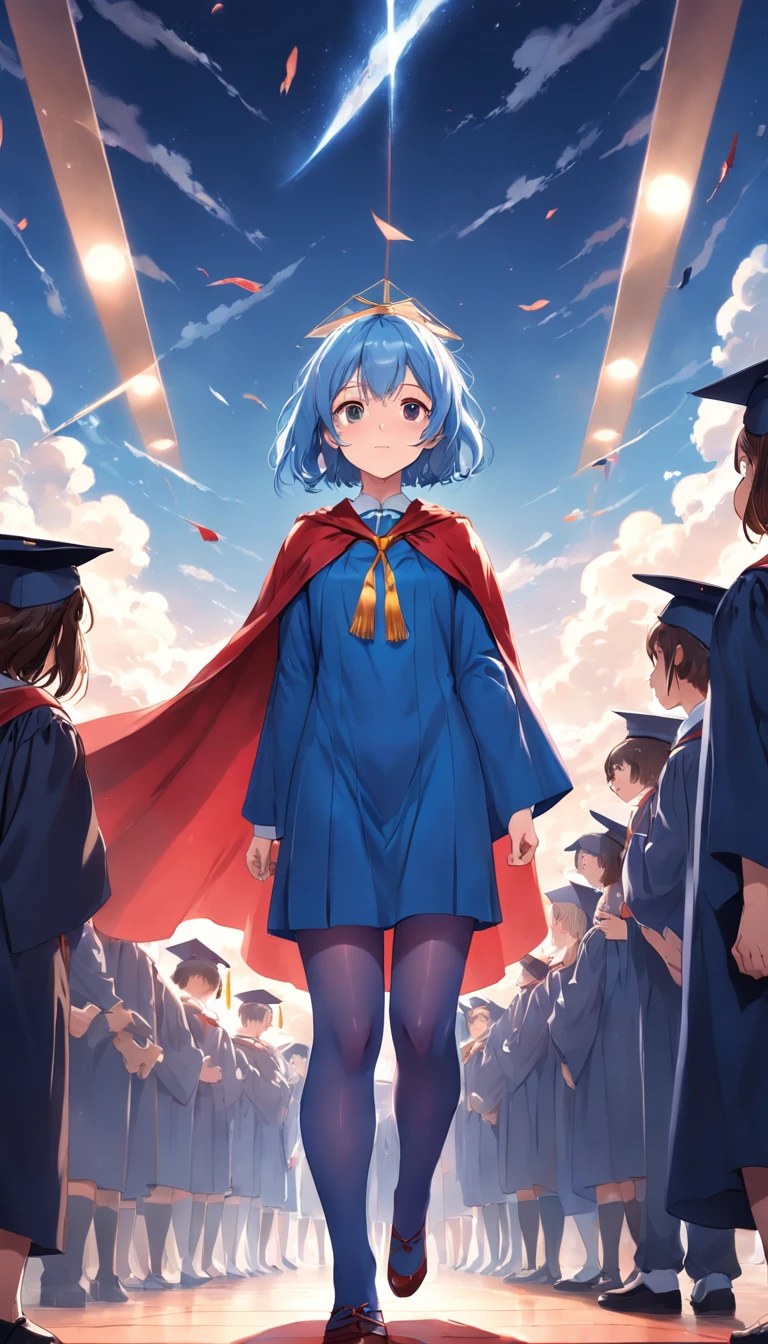Mature women Blue tights Red cape Graduation cap A group of classmates Ultra wide angle Highest image quality