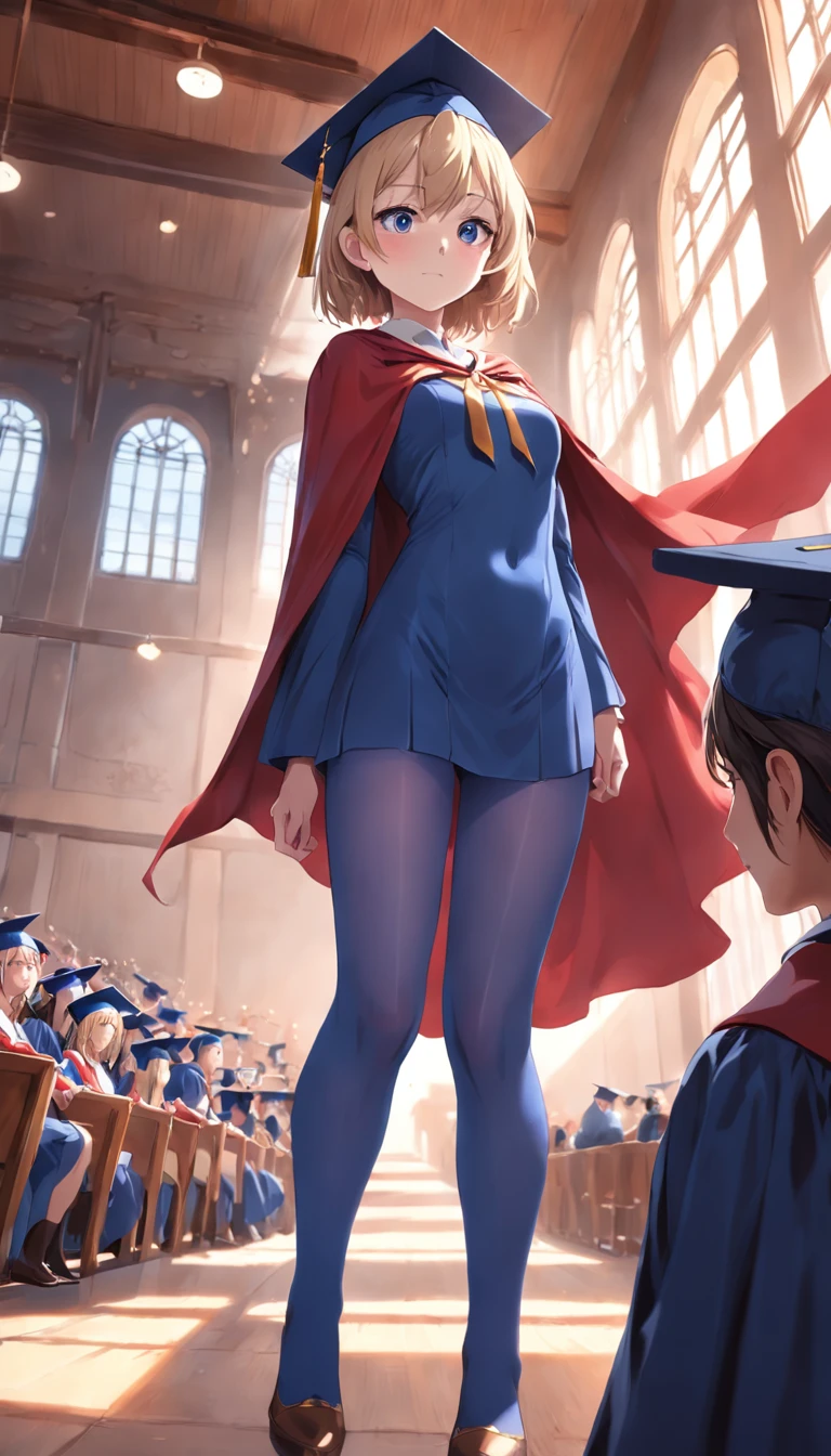 Mature women Blue tights Red cape Graduation cap A group of classmates Ultra wide angle Highest image quality