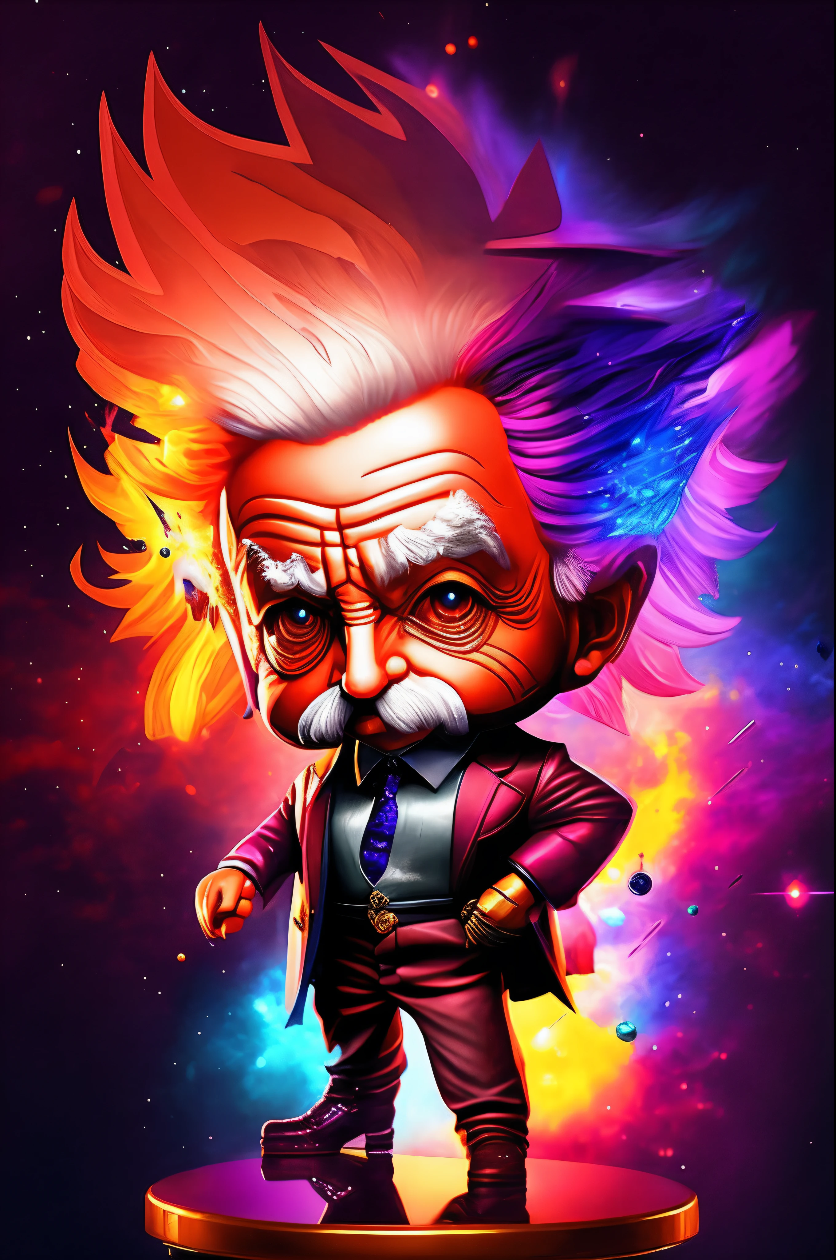 (dreamlikeart:1.2),splash art portrait painting (chibi albert einstein:1.3), splashart, superhero , powerful attack, dynamic pose, dynamic angle,movement, colorful highly detaild of universe of background, quantum fracture, science concept,nerd vibes, 1900's vibes, antique clothing , elegant suits, (image divided ino two with left side of universe style and righ side of chem labs style:1.3)