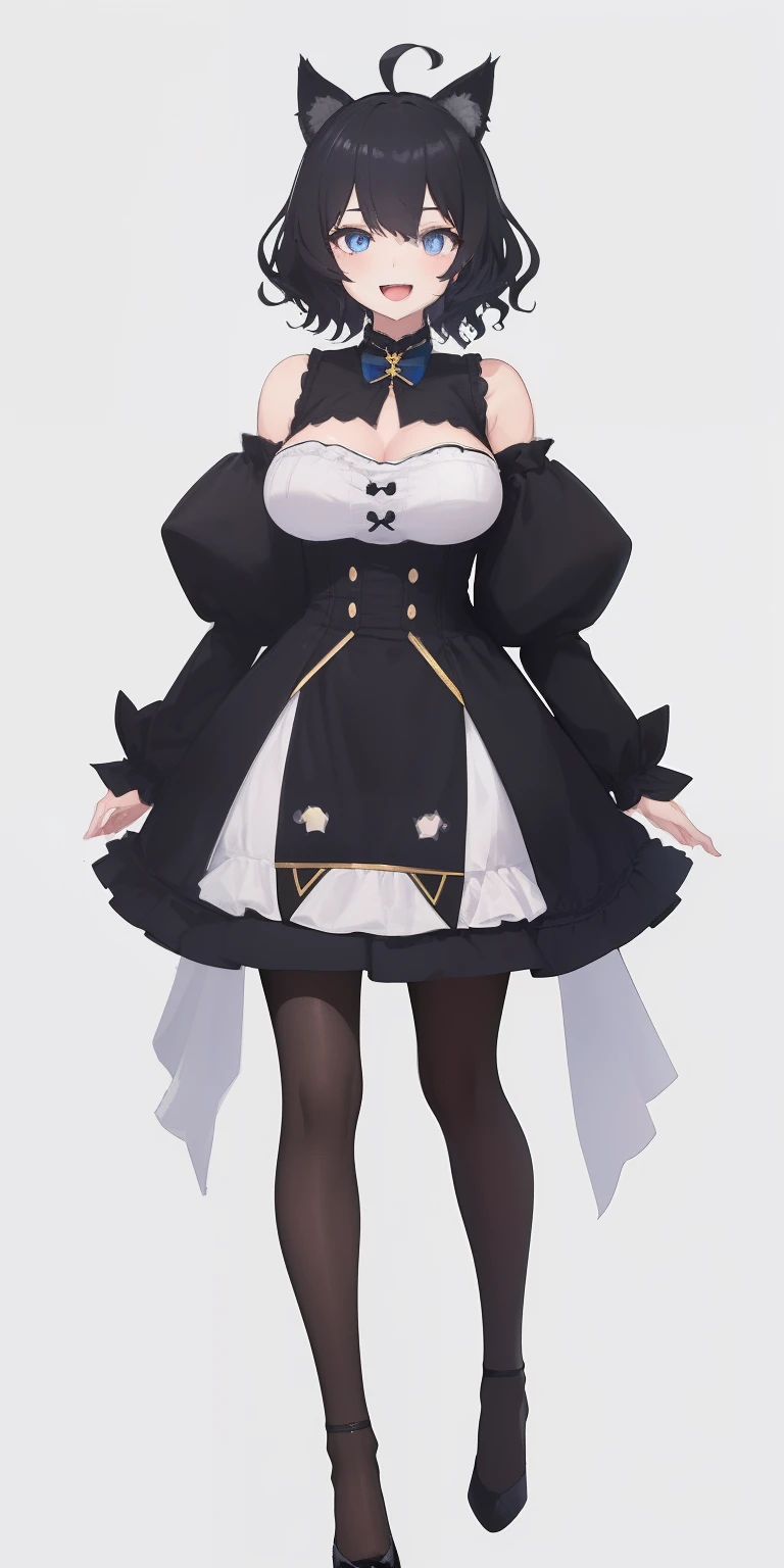 Full body, Upright, Arms at sides, Looking at Viewer, Simple background, 1girl in, Open mouth, Smile, Virtual Youtuber、girl with、、((Best Quality, high_resolution, Distinct_image)),(Black hair), (Black cat ears), (Ahoge), (absurdly short hair), (Wavy Hair), (Blue eyes),、A smile、large full breasts、