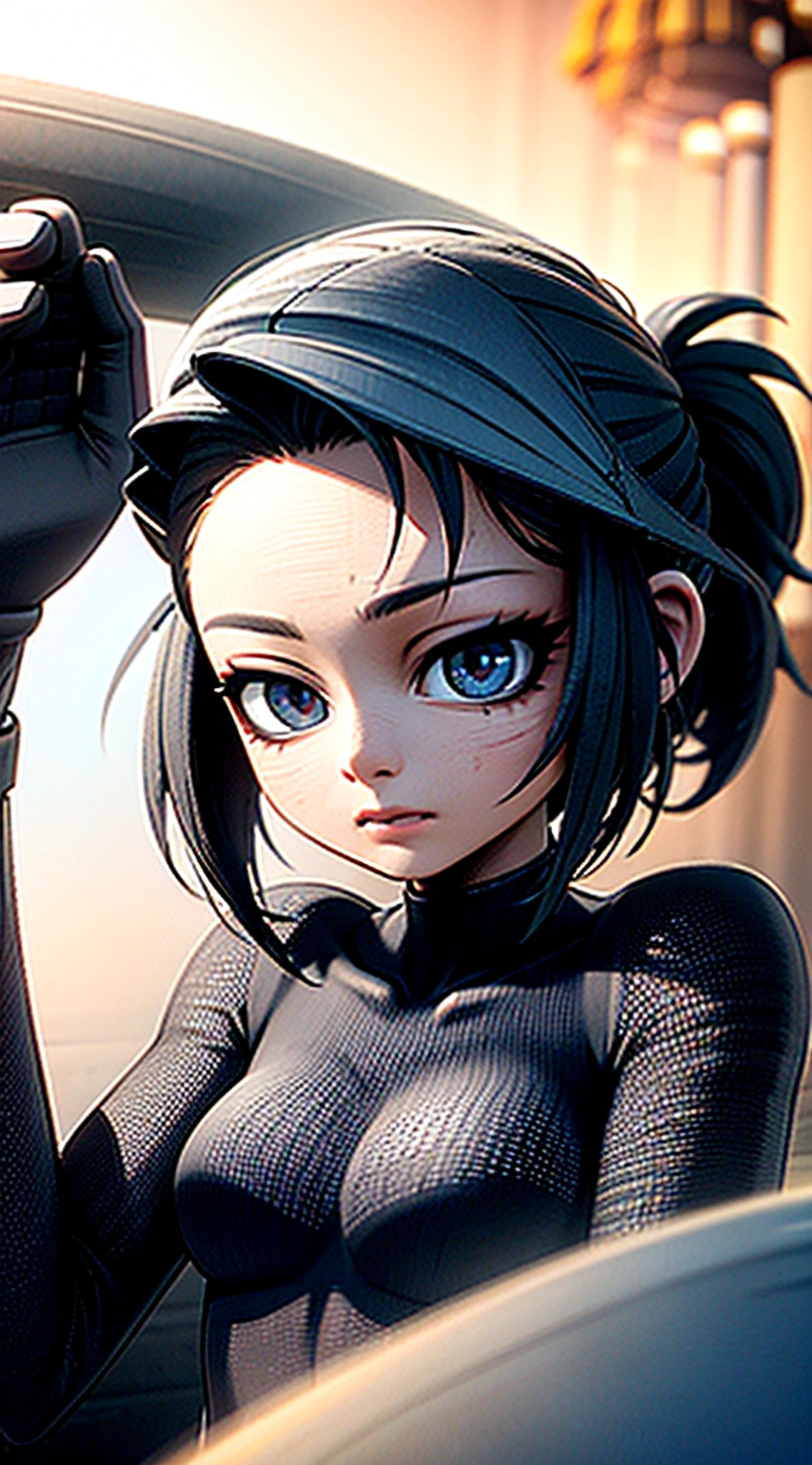 Anime girl with blue eyes and black hair holding a gun - SeaArt AI