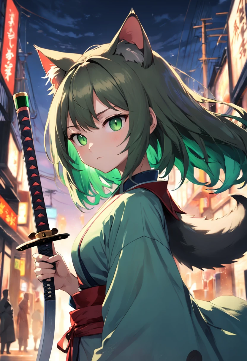 cat ear，femele，Green eyes，Long brown hair，Wear a Japanese sword，Master of swordsmanship