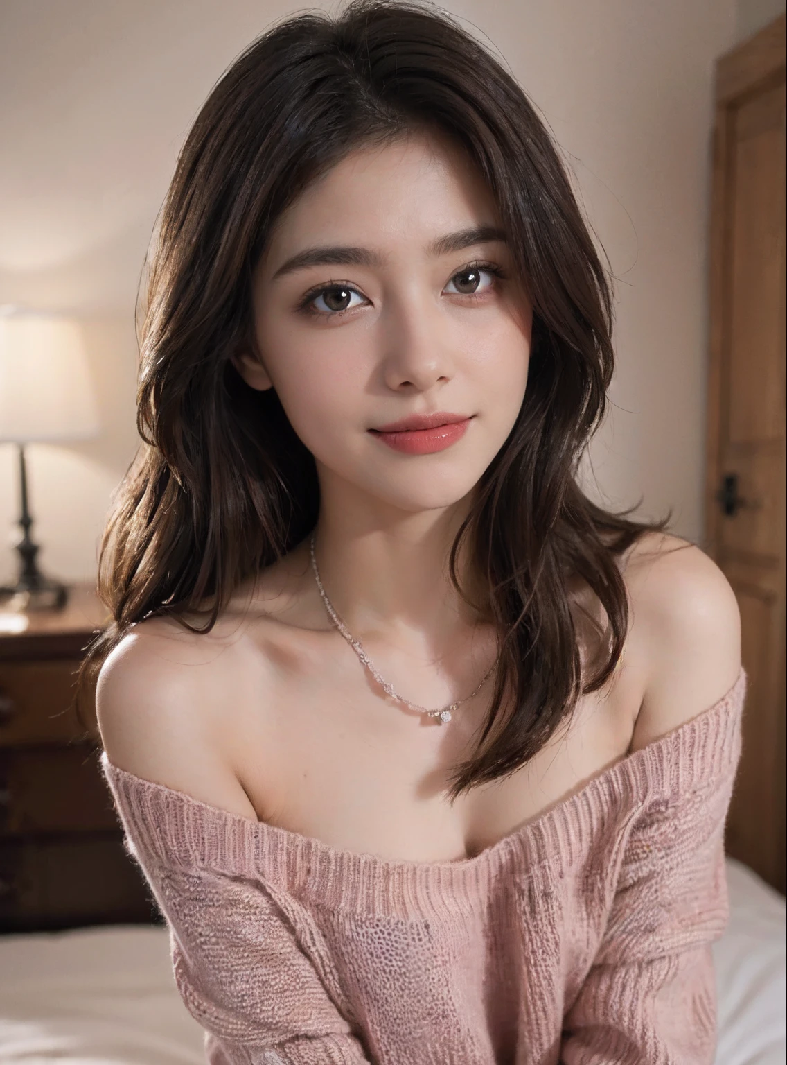 ((Night, Realistic Light, Best Quality, 8K, Masterpiece: 1.3)), 1girl, Slim Beauty: 1.4, Abs: 1.1, (Brown hair, Medium breasts: 1.3), Long pink sweater: 1.1, Bathroom, Super fine face, Delicate eyes, Double eyelids, smile, necklace