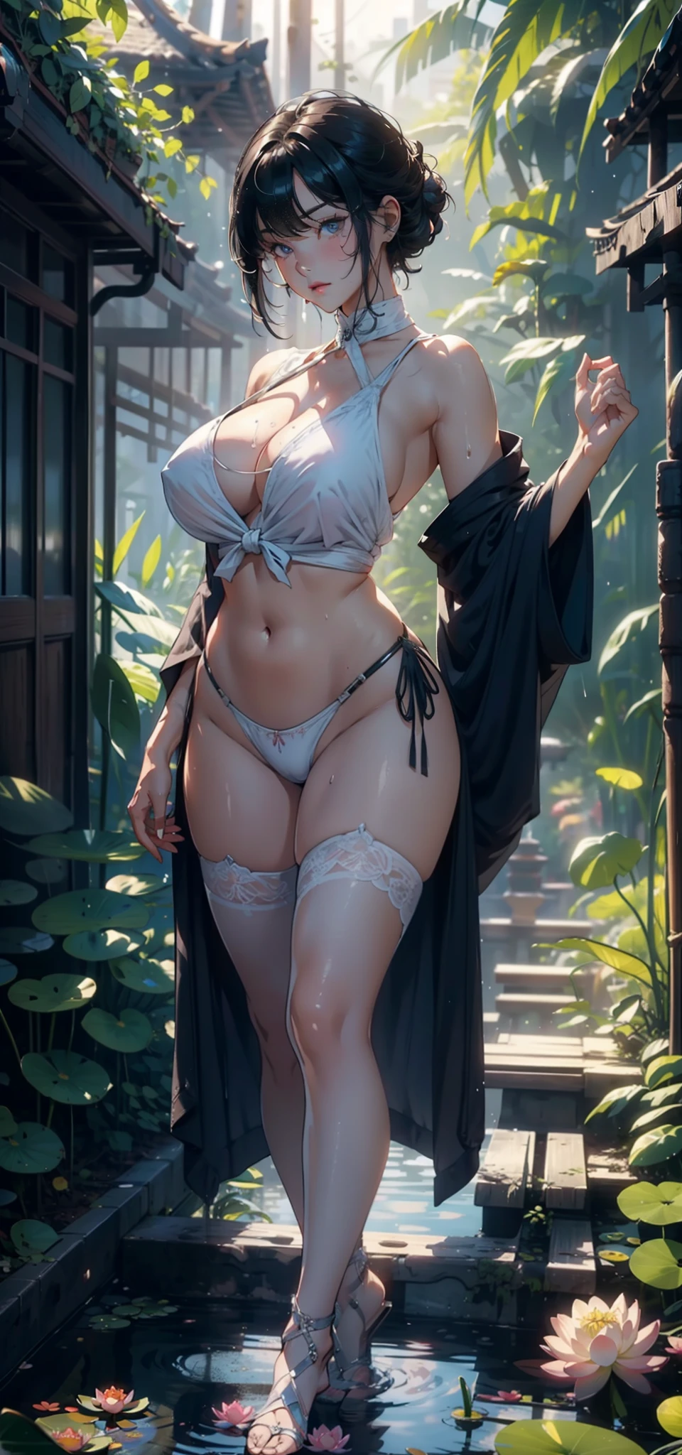1female,35yo,huge tit,独奏,(Background with:bamboo forrest,lotuses,lotus flower,exteriors,Lotus pond) She has short black hair,standing on your feet,Sweat profusely,drenched all over the body,seen from the front, hair straight, mostly cloudy sky,(((tmasterpiece),(Very detailed CG unity 8K wallpaper),best qualtiy,cinmatic lighting,detailed back ground,beatiful detailed eyes,Bright pupils,Black eyes,(Very fine and beautiful),(Beautiful and detailed eye description),ultra - detailed,tmasterpiece,)),facing at camera,A high resolution,ultra - detailed),revealing breasts,Bare genitalia, Bulge,legs are open,Raised sexy,Camel toes,Flushed complexion,Open-mouthed,frontage,elementary student(Wearing:Transparency Breast,nakeness,Bare breasts,Bare lower body)