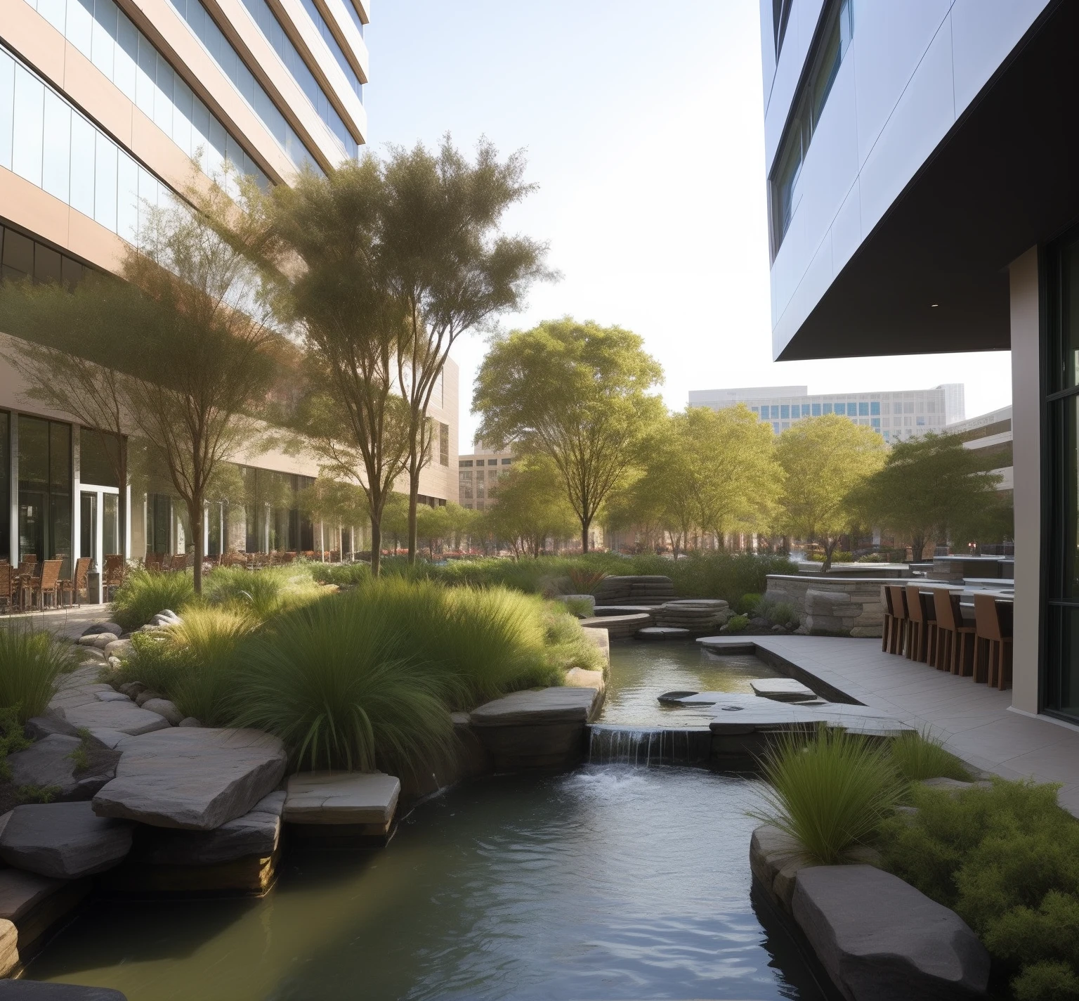 City square space,Includes rocky water features