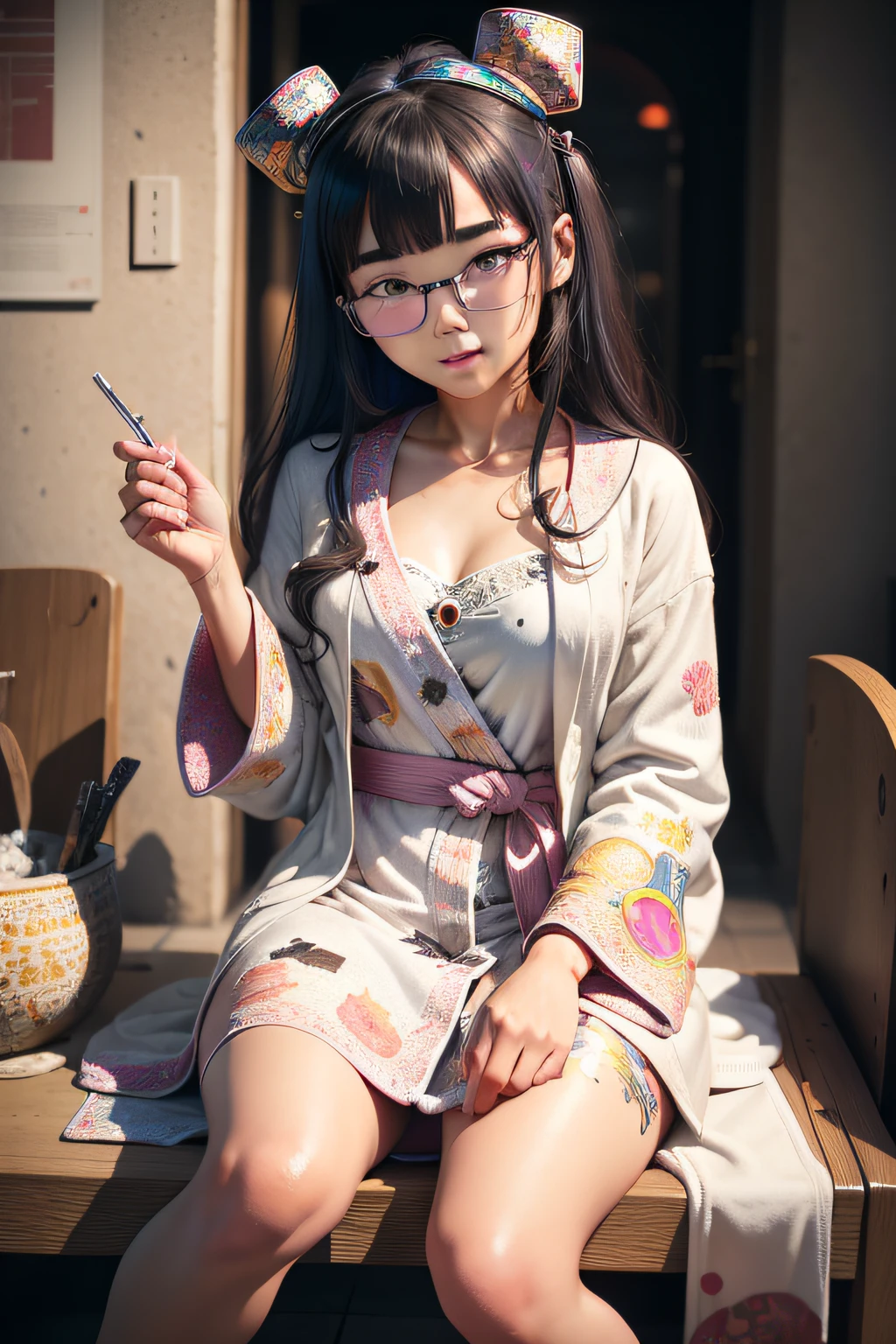 ((bathrobe)),eye glass,innocent smiles,Ancient city,terrazzo,Carillons,(1girl in, Solo:1.6),(Best Impact:1.5), (Maximalism:1.7),Vivid Contrast, (Realistic), hyper-realistic illustration, A high resolution, ultra - detailed, absurderes,(Fractal art:1.3)、Random hairstyle、Random hair colors are colorful、iridescent eyes、full body shot of、Retro、Precise focus、randome pose、cinema4d、Drama、sitting down