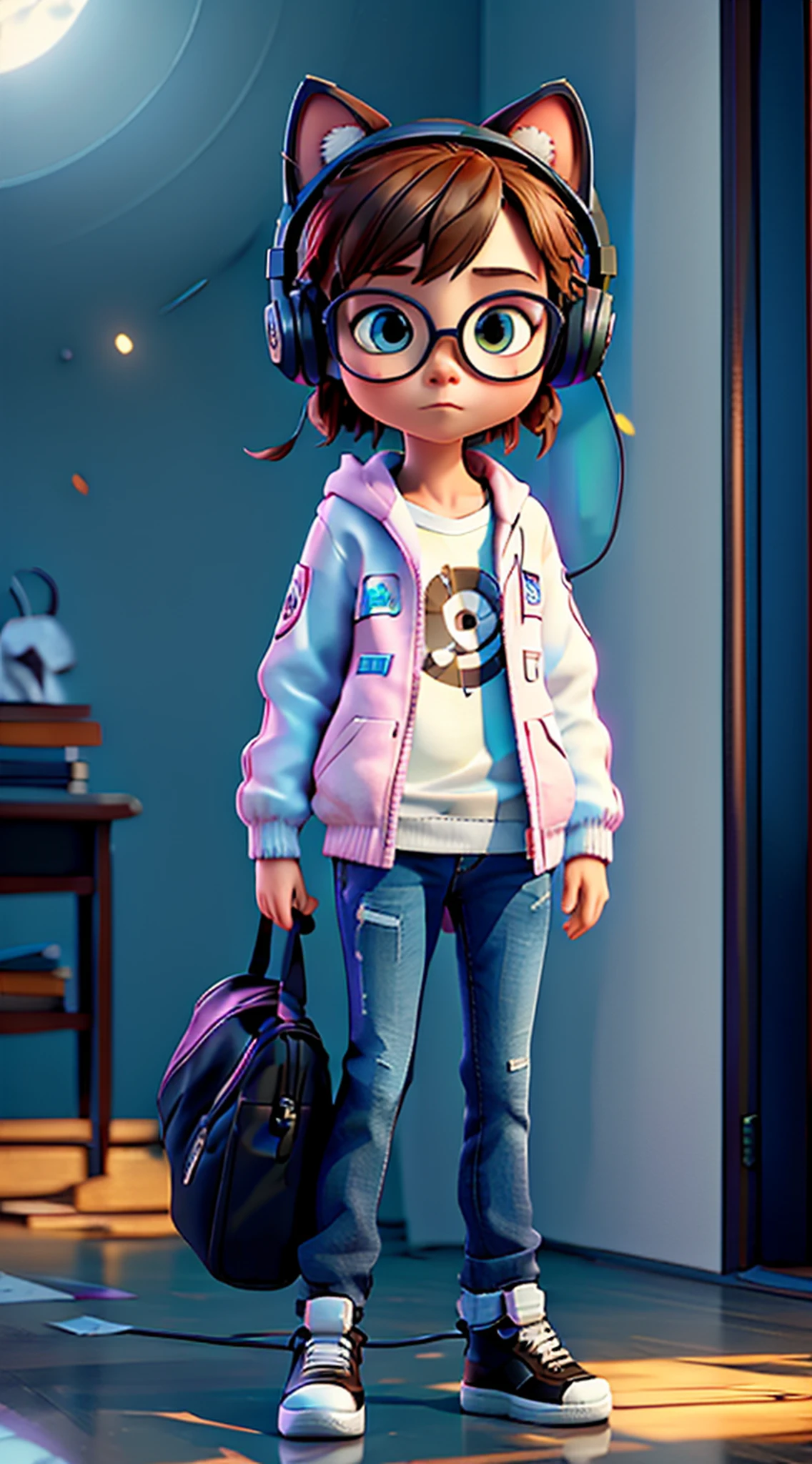 Perfect centering, A cute kitten all over, Wear a student jacket, Wearing sunglasses, Wearing headphones, Standing position, Abstract beauty, Centered, Looking at the camera, Facing the camera, nearing perfection, Dynamic, Moonlight, Highly detailed, Digital painting, art  stations, concept-art, smooth, Sharp focus, 8K, high definition resolution, illustration, Art by Carne Griffiths and Wadim Kashin, White background