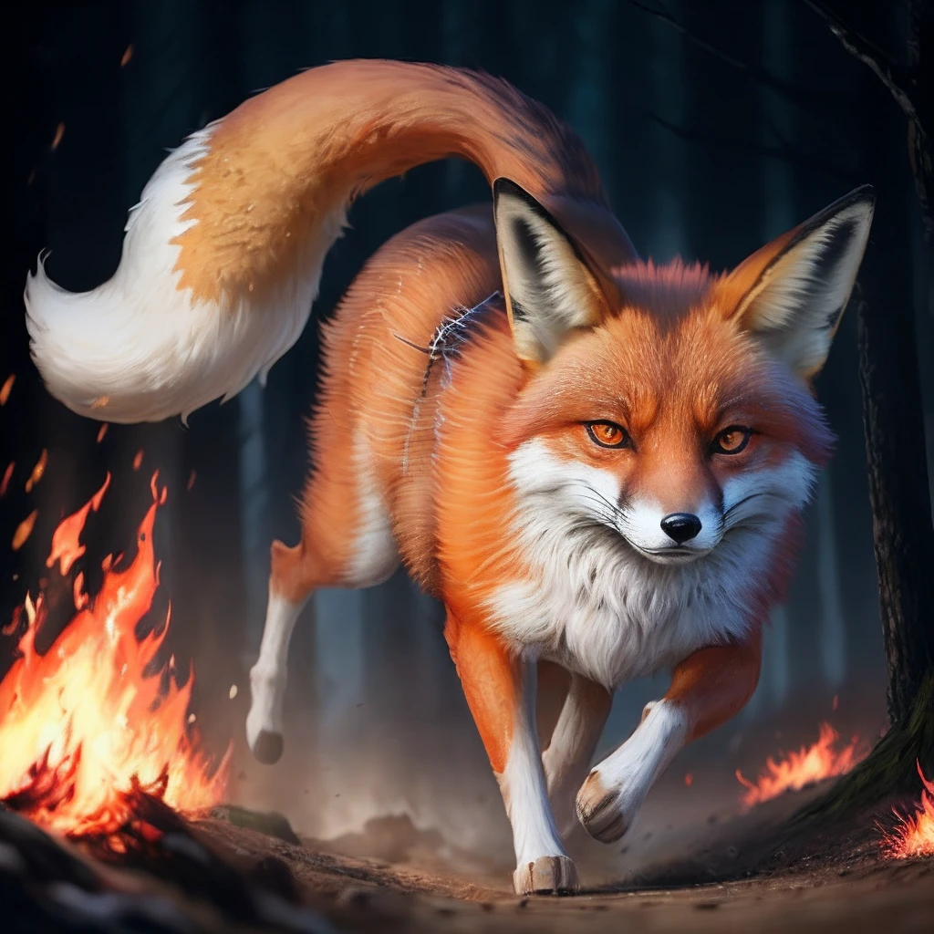 The fox animal, red coat, walks on four legs, has fire power and glowing red eyes