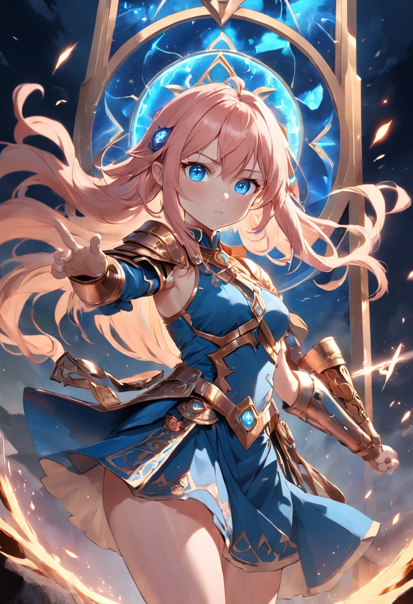 girl with blue eyes, and rose gold hair with a fantasy themed dress for adventure and combat adorned with rosegold accents with her using a magic array to summon a large golden glowing blade going through the ground upwards in the far distance.