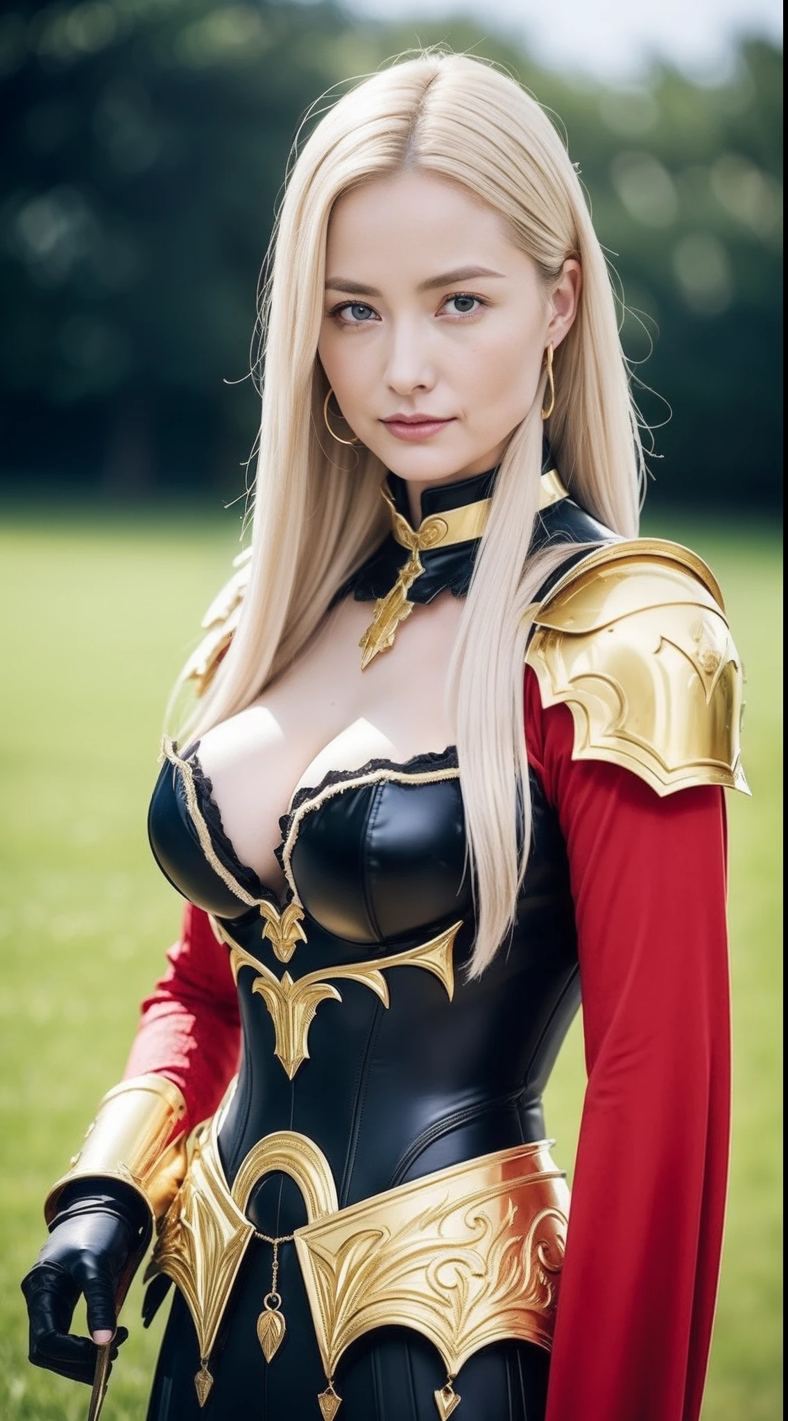 masterpiece,top-quality,higher rank,(female pervert_femele:1),(nudde:1.3), (35-year-old female warrior:1.3),、large full breasts,Very big breasts,Colossal tits,a navel,hyper realstic,Being on the battlefield of a medieval European city,deadpan,、British woman、Delicate skin texture with detail、Detailed red-black areola、Detailed red-black 、Detailed blue eyes、((Muchimuchi body shape))、(Very big big)、Middle-aged woman、(fluffy blonde long hair)、tanned skin of wheat color、(Blonde pubic hair)、Very big big、European Female Warrior、Large cleavage、Richly decorated gold armor、Witches in the Middle Ages、highleg、Long gold boots with fancy decorations、Large open neckline、Gold and jewelry luxury necklace and collar、Large gold earrings、bright red lips、Long gloves with fancy decorated gold armor、He has a big and long sword、The sword has fancy decorations、The blade of the sword is jet black、(Female Warrior)、(battle field)、