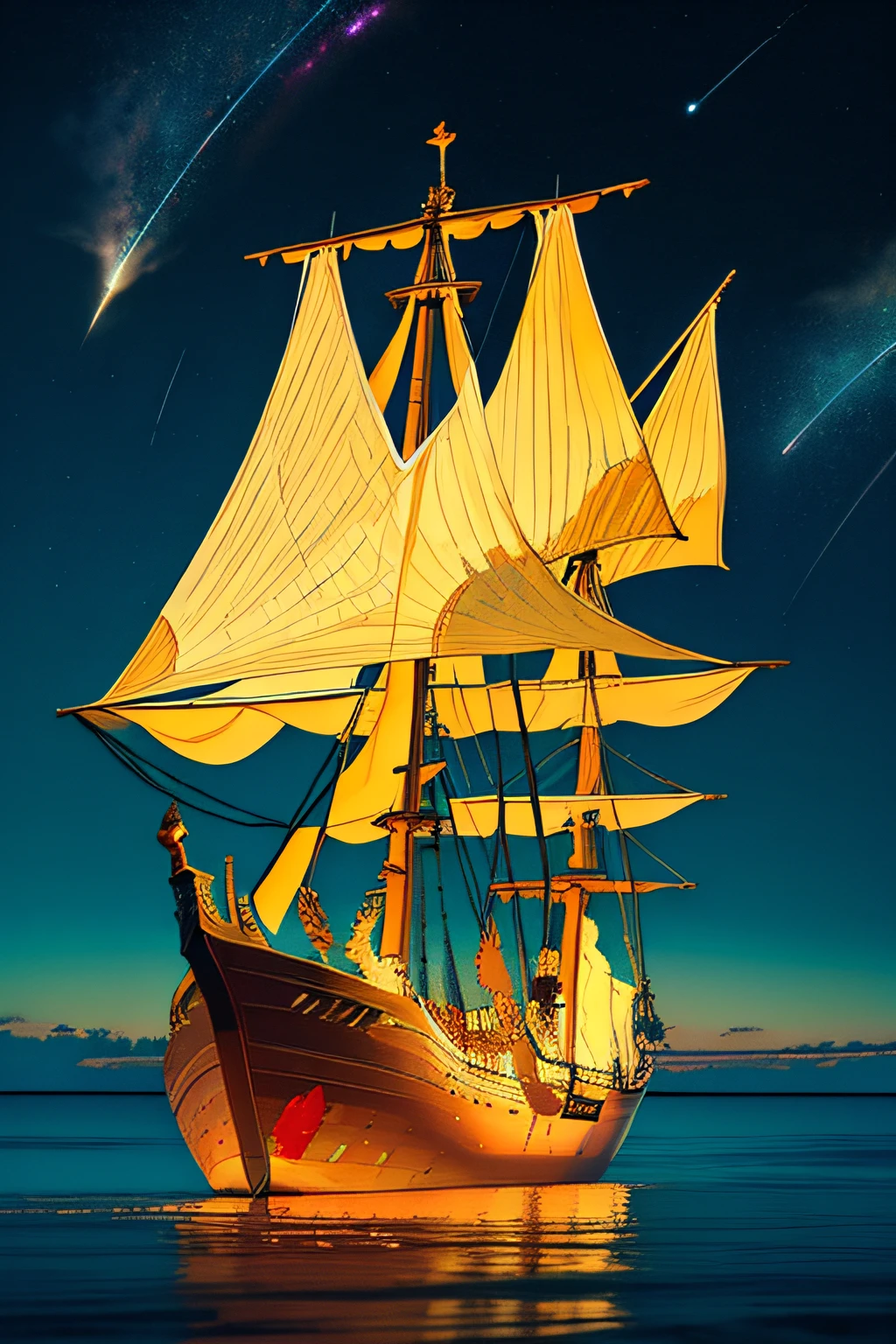 extremely detailed 8k wallpaper,(highly detailed:1.1), ((masterpiece:1.1)),[anime:Impasto:0.5], intricate , fantasy,(1ship),(ocean:1.2),[golden boat:golden boat with (green fire:1.2):0.1], clear sky ,wind ,beautiful sky,(nightsky),(galaxy), (huge blood moon in the background:1.05)