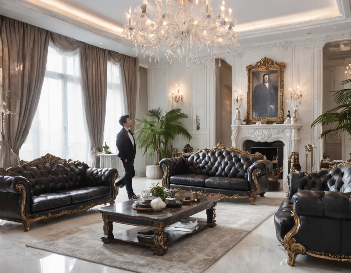 The black-haired man sat on a leather sofa with his back,Back Shadow,Watch TV shows appear on TV,Spacious and bright living room,Floor-to-ceiling windows with stunning beach views,Chandelier hanging,Illuminate the marble floor,Realistic graphics,The wide-angle vision is stunning。