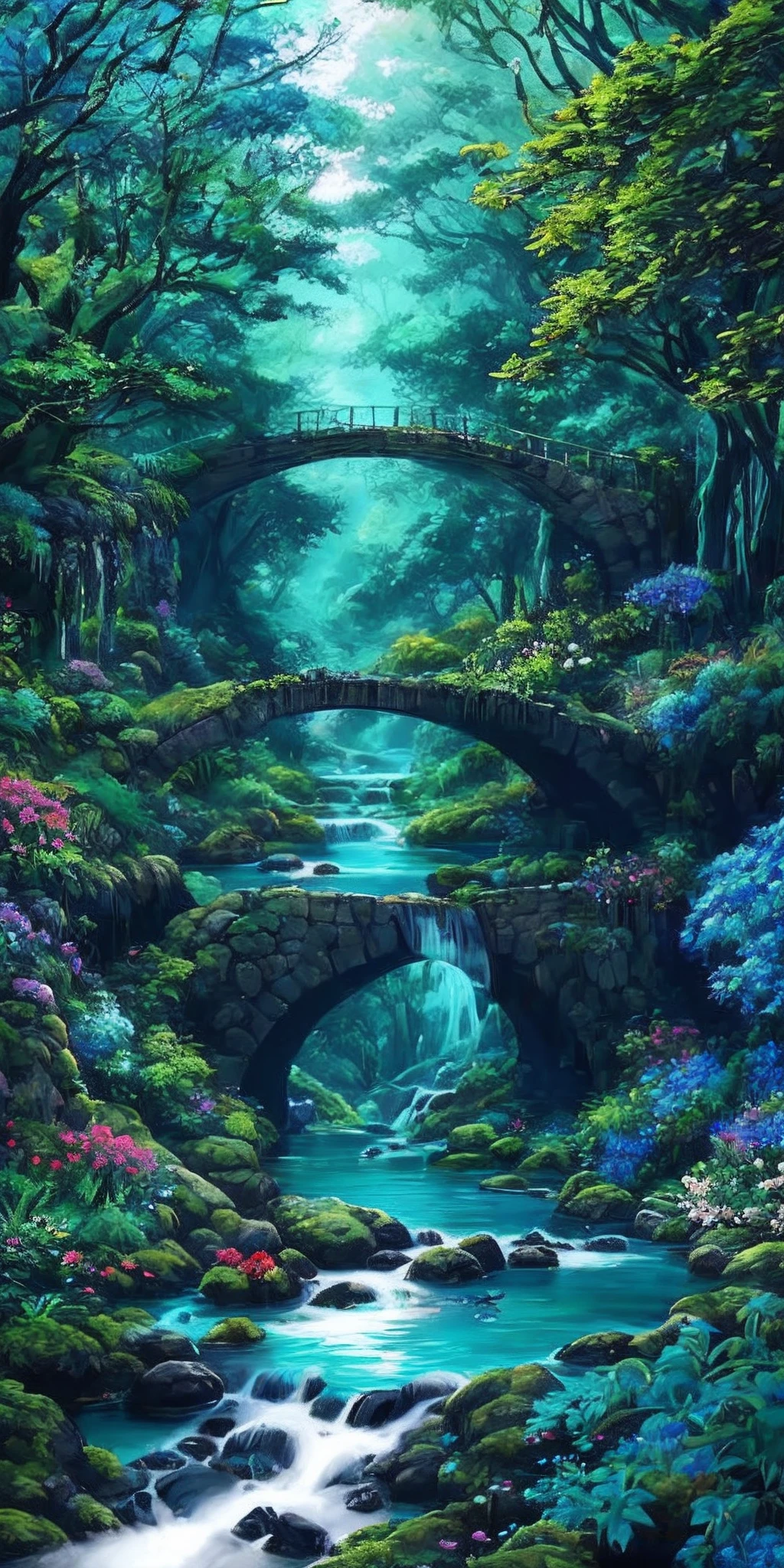 Ao anoitecer, green trees, salgueiros voando, surrounded by blue water, small bridges and flowing water, cor antiga, Floral fragrance, quente como jade, Singing birds and flowers, Water City Paintings, lazer, fotografia real, resolution, chuva 16k