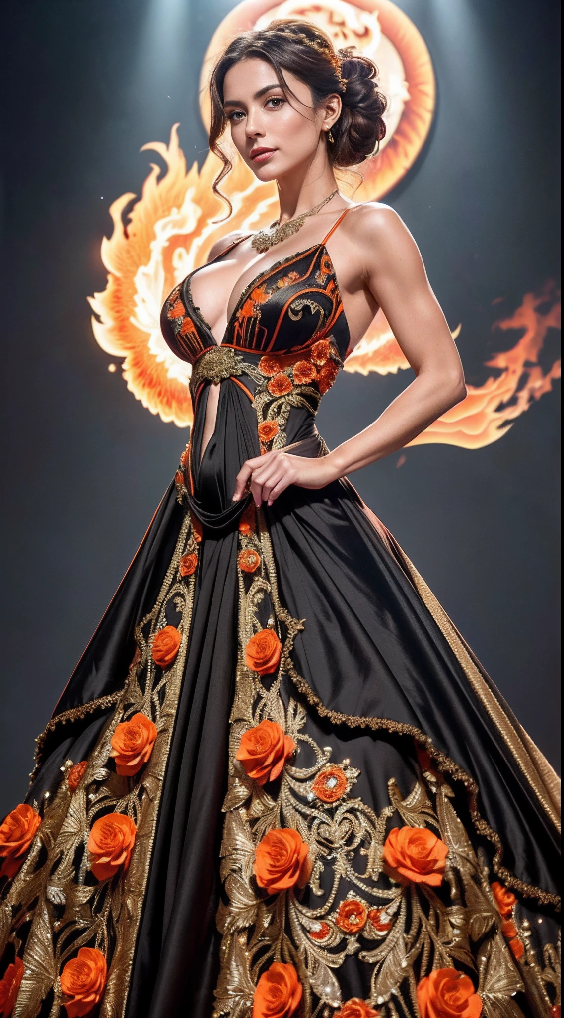 (Olivia Dunn) Hyper realistic super detailed sexy 40-year-old full-length woman (with large breasts), cup size E, trending on cgstation, (In a dress of black and orange flowers, Extravagant dress, intricate dress, intricate fantasy dress, Fire Dress, detailed dress, A dress made of fire, fantasy dress, extremely high details, Lady with glowing flowers dress, dressed in a beautiful dress, fancy long intricate dress, Black & Orange, Intricate, detailed dress, taut clothes, frank, fits the body, fits the chest), a confident girl, The photo was taken from the front, from the top corner, facing the photographer, Foreground photo , (Looking Ahead), NSFW, (frontal view, facing the photographer, (the pose, standingn, Victorian castle)), ( Coiling hair),  Very detailed, sexy facial expressions, seductive facial expressions, [:(face detail: 1.4): 0.4], 16K resolution, 4k resolution, dinamic lighting, high-definition resolution, (sexy pose, seductive position), (elongated chest,: 1.7), (slimness: 1.2), (Narrow waist: 1.6), (Slim legs: 1.4), (hyper realisitc: 1.4), (back light: 1.2), (Sunlight: 1), (full height: 1.8), (pectoral muscles: 1.3), (contrasting background: 1.5), (Hyper-Realistic Arm Anatomy), (Hyper-Realistic Leg Anatomy), (Clean skin), (Veins Not Visible: 1.5), (Cinematic lighting: 1.7), (Intimate), (NVIDIA RTX Ray Tracing Technology), (Hyper-Realistic Arm Anatomy: 2), (Perfect flat stomach), (Color Image), 8mm Film Grain, Shot on Sony A9 II, 135mm lens, f/1.8 Aperture, Deep Focus (10-bit RAW), The file weighs a lot, (CGI Art:1.3)