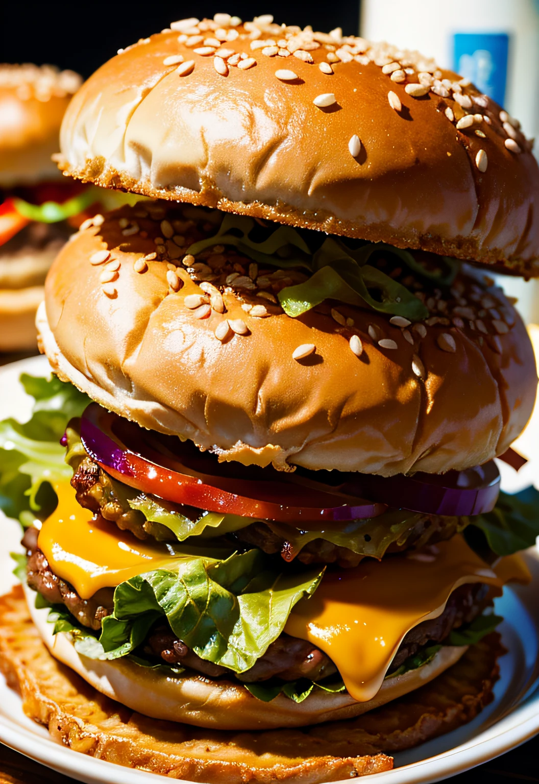 masterpiece、top-quality、top-quality、(Close-up photo of a delicious-looking hearty hamburger)、ighly detailed、colourfull、highestdetailed