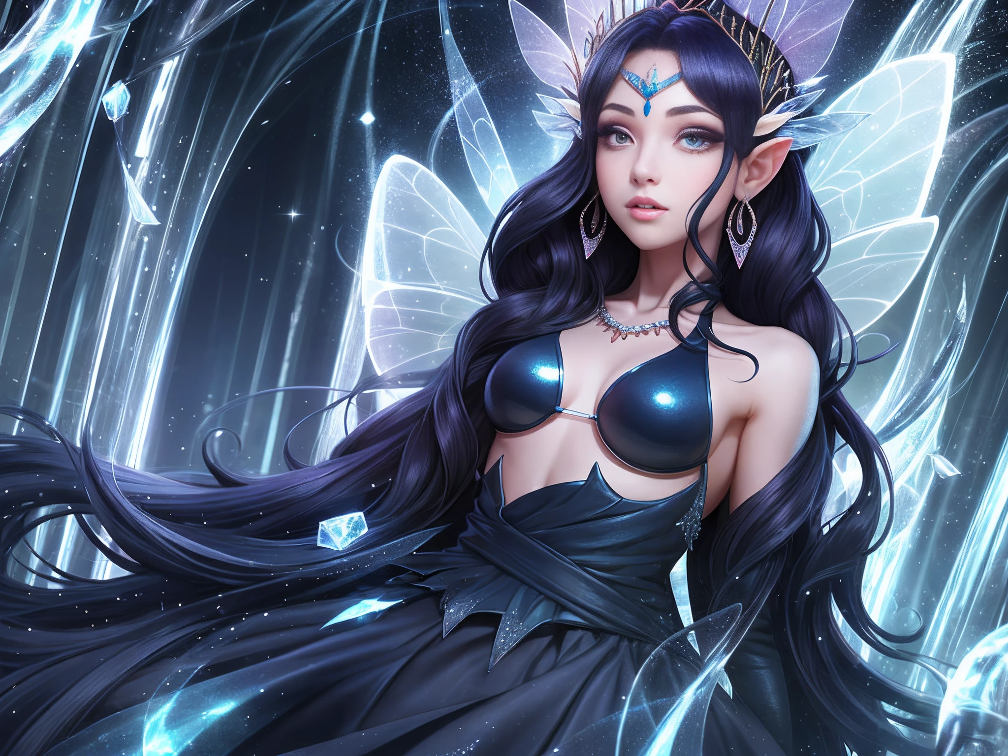 female, dark blue hair, dark blue dress, fairy queen, ice, dark --auto --s2