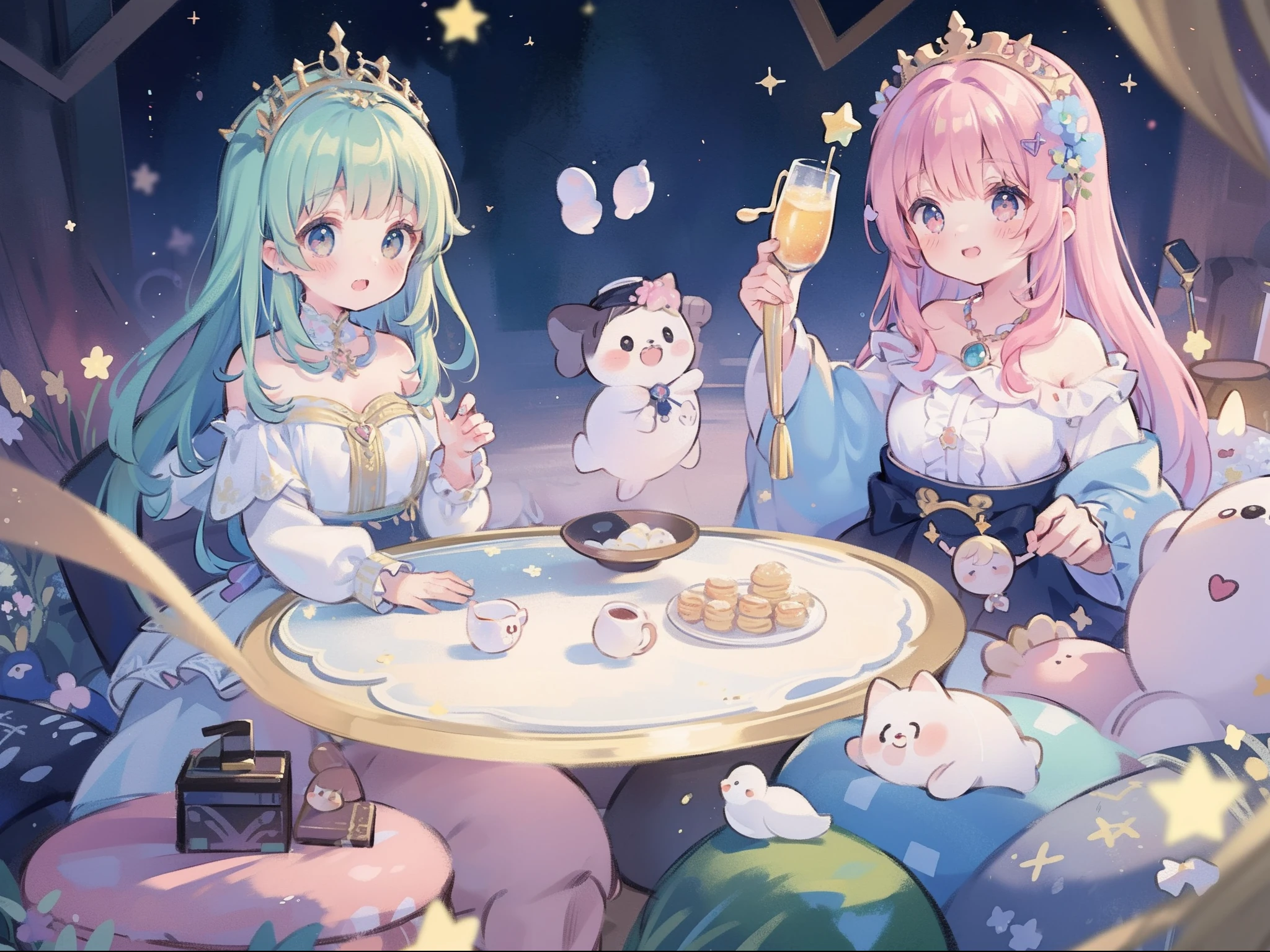 masterpiece, best quality, 8k resolution, sharp focus, intricate detail, beautiful 3girls, sparkling eyes, golden ratio face, otherworldly liquid, watercolor, pastel colors, bright colors, whimsical, colorful, sharp focus, high resolution, fine detail, ((layered tiered puffy long sleeves ballgown)), ((round eyes)), iridescent bubbles, fantasia background