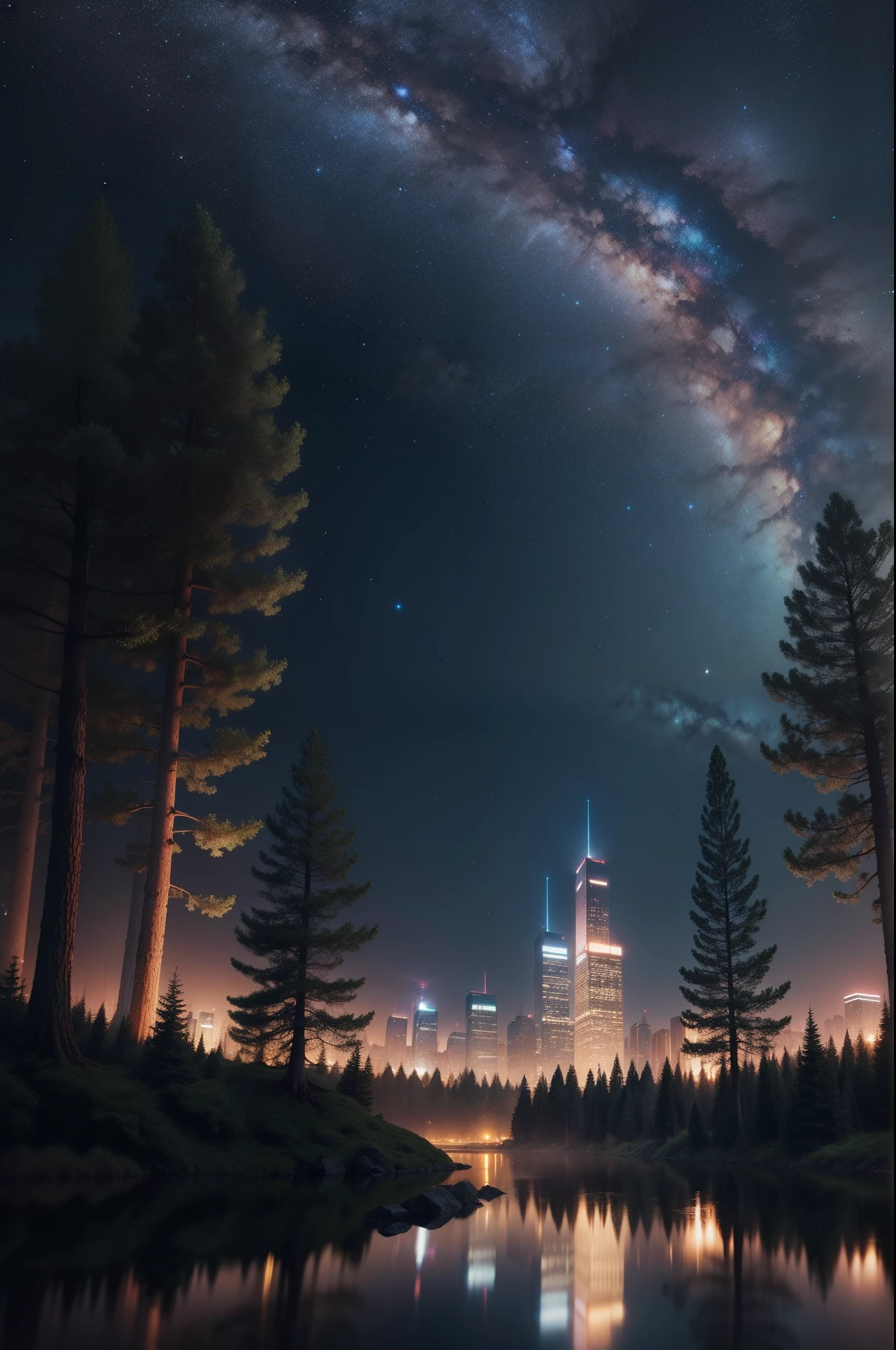 city in a forest, starry sky