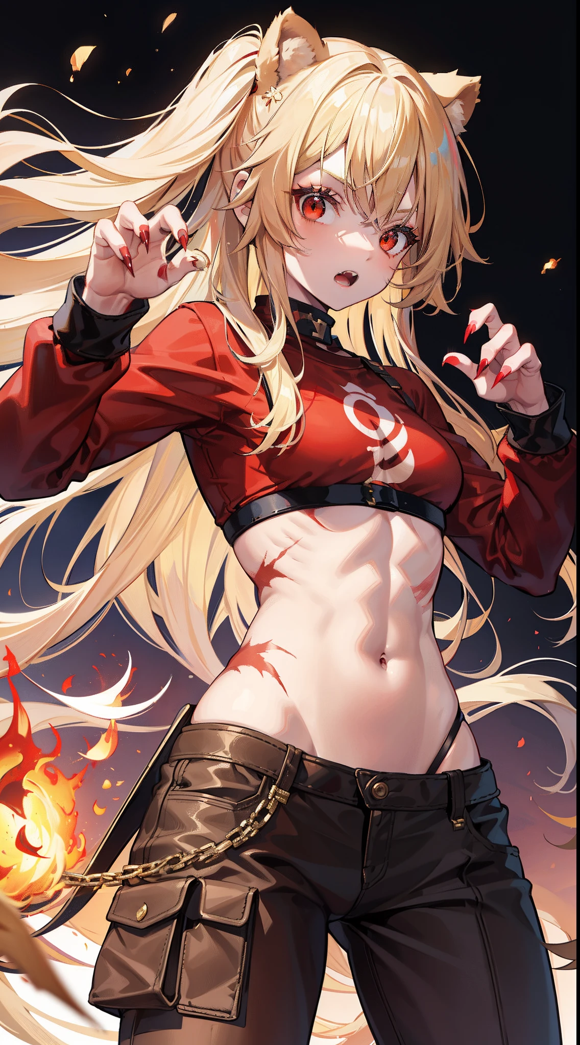 young girl, longue blonde hair, high ponytail, cat ears, violet eyes, red leather jacket, briefs, open belly, open breasts, tattoo, Scars, smirk, cigarette, Masterpiece, hiquality