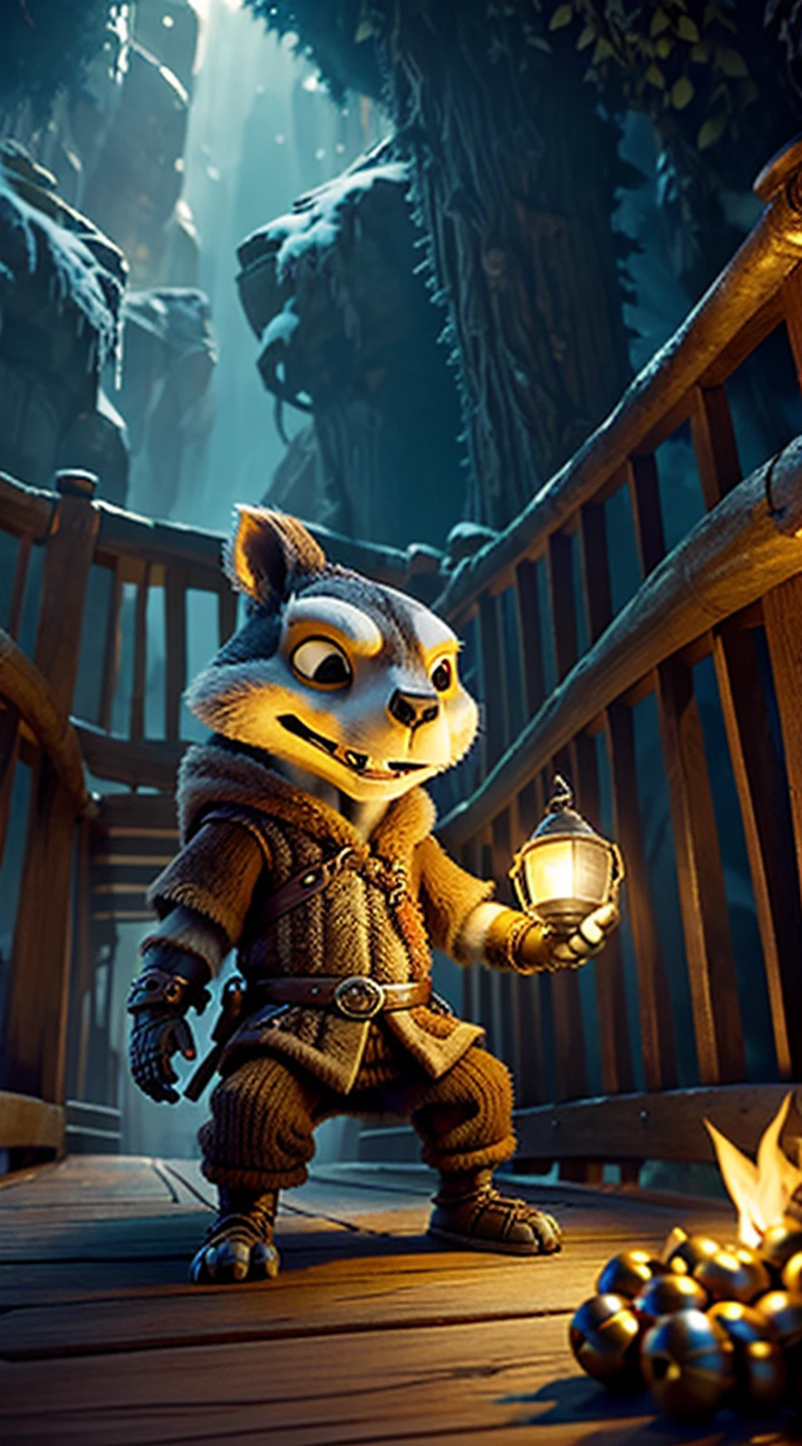 cinematic experience: Follow Skrat's epic quest，He crossed a dangerous bridge to a huge acorn. Bring iconic ice age characters to life, skelleton, In cinematic masterpieces. Capture his suspense as he hovers on the edge of adventure, Carefully step on the swaying bridge, Final prize - huge acorns. Use dramatic lighting and dynamic angles to evoke awe and anticipation, Let the audience feel part of this crazy adventure.