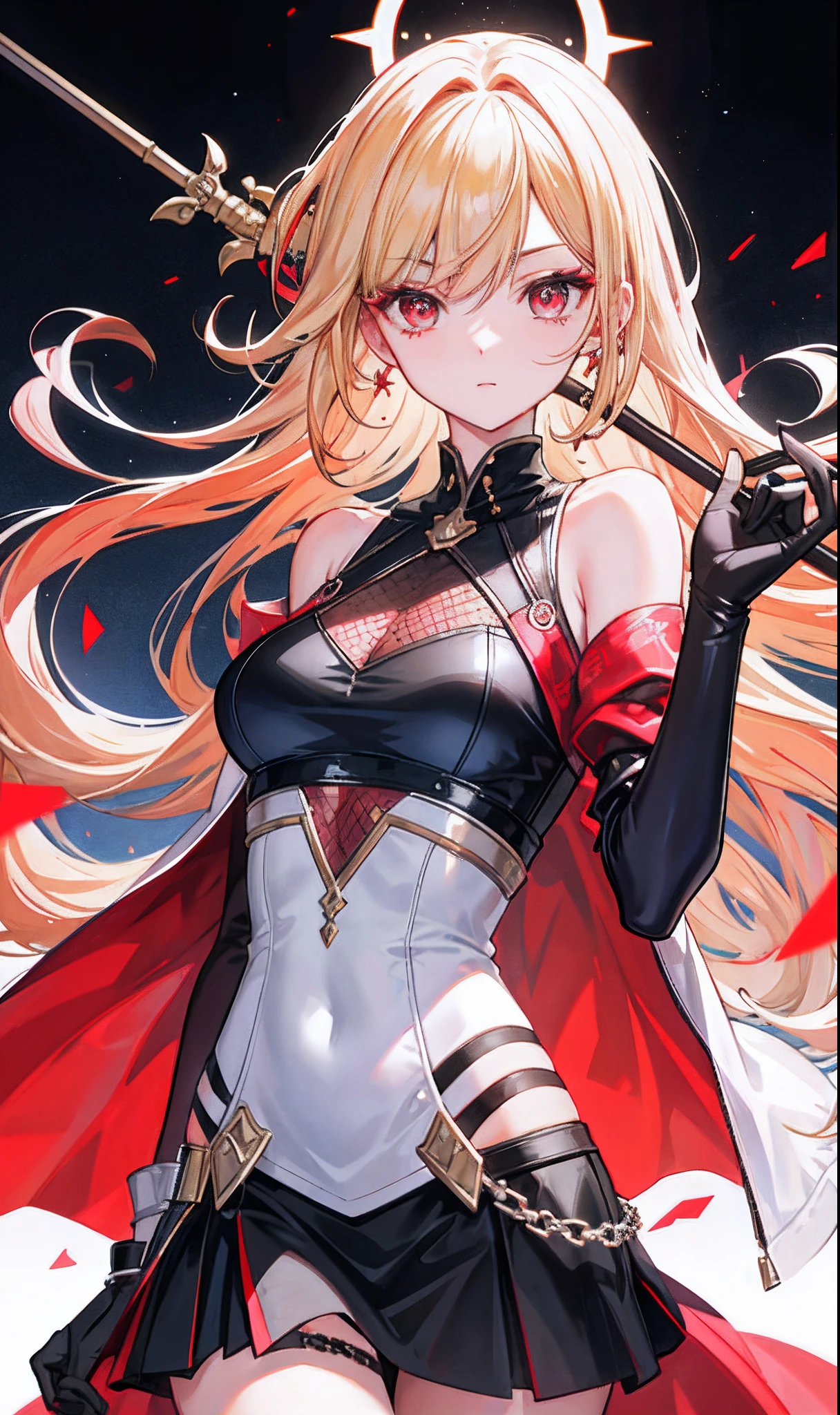 (tmasterpiece,Sideslit,Beautiful eyes:1.2),(tmasterpiece*sportrait),sportrait,busts,(busts),Lifelike,Anatomical correct,3D脸,luscious skin,(Solo),Blonde hair and pickaxe dyeing,Gradient hair,(closeup of face),Lovely face,(Fire opal-like scarlet eyes),Hanging eye corners,((highdetailskin,Visible pores)),(Perfect body),beuaty girl,little breast,(()),((skirt_suit)),(ear studs),(Neck strap),very short gloves,(chain),(Laser material clothing:1.2)