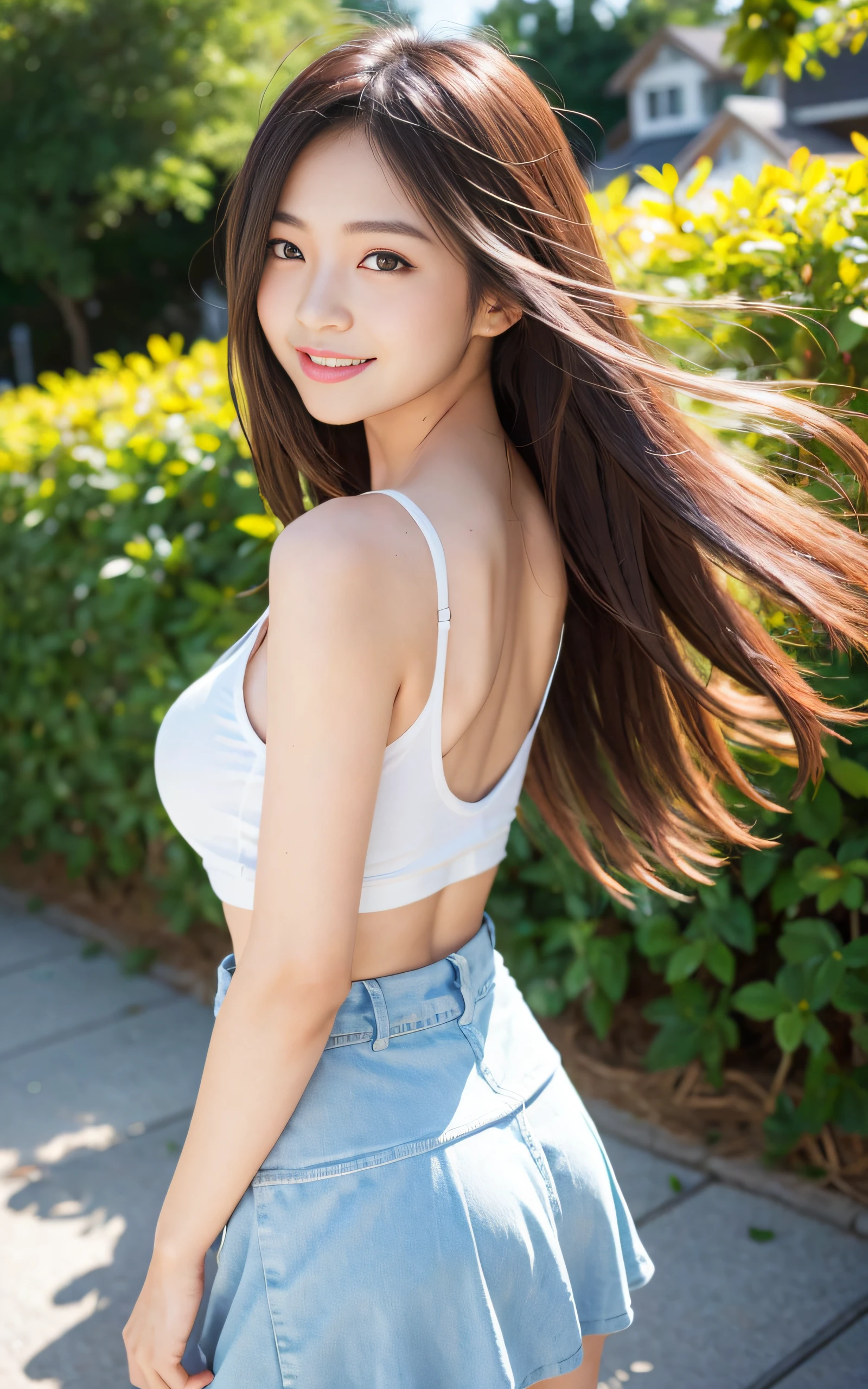 ((Best Quality, 8K, masutepiece: 1.3)), (Sharp Focus: 1.2), A quaint coastal fishing village with colorful boats, 1 girl, Full body, Put your hands behind your back, stunning elegant pose,Neat and clean beauty, 20 years old, Half Japan and half American, Looking away, Classy and elegant, A pretty girl with perfect figure, shyly smile, Cute, Shy, ((Shoulder-length straight hair swaying in the wind)), Big breasts, (Tank top: 1.1), Skirt, Highly detailed face and skin texture, Detailed eyes, Background bokeh,