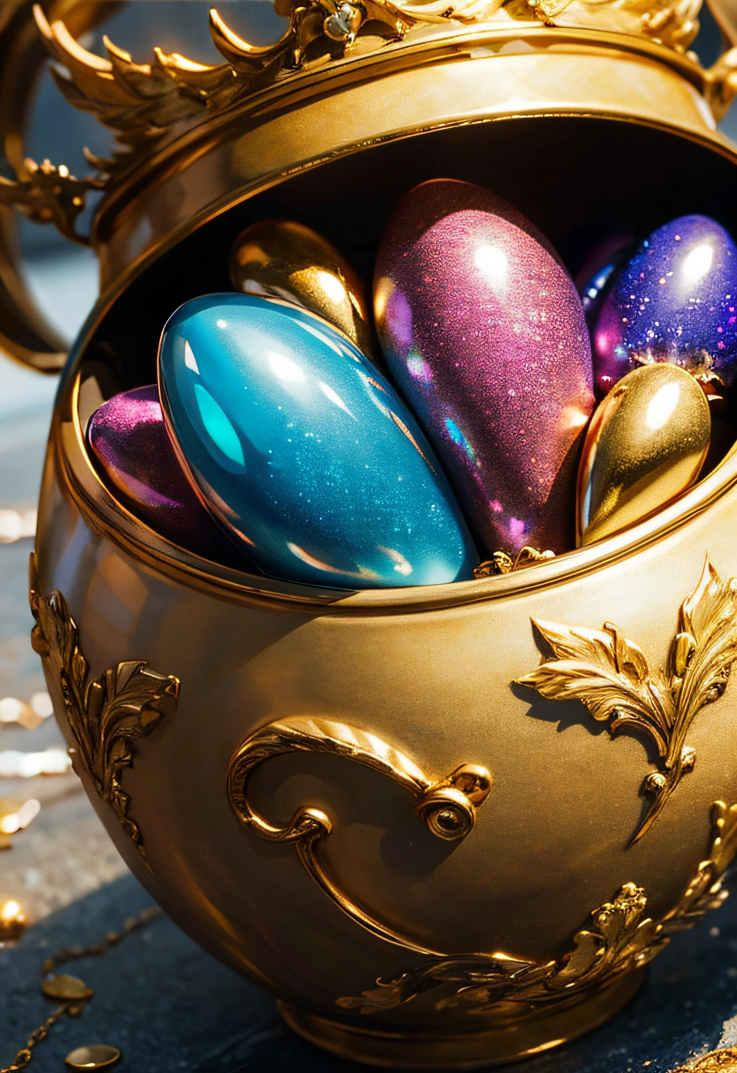 masterpiece、top-quality、top-quality、(Close up photo of glittering jewels in artistic vessel)、ighly detailed、colourfull、highestdetailed
