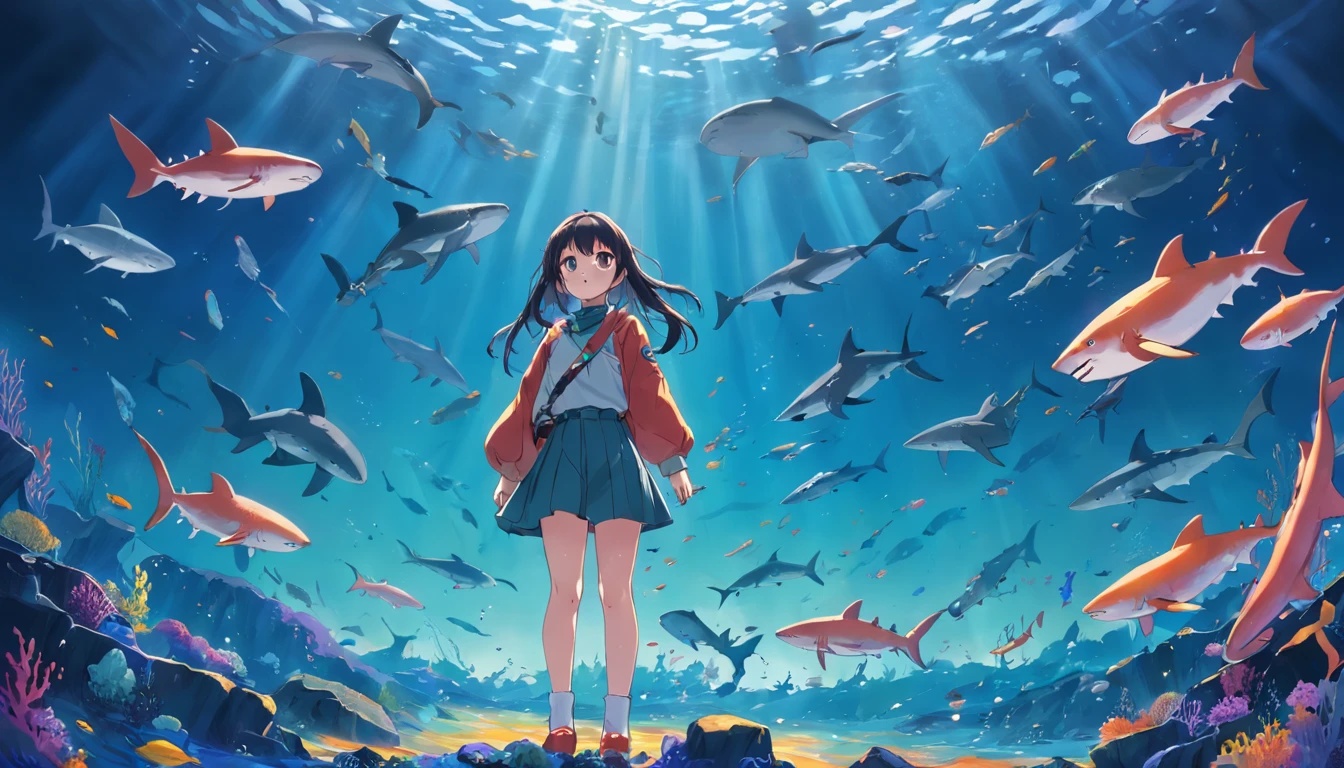 Girl standing at the bottom of the sea、the shark、ocean floor、coloured with lots of colour、Brilliant light、