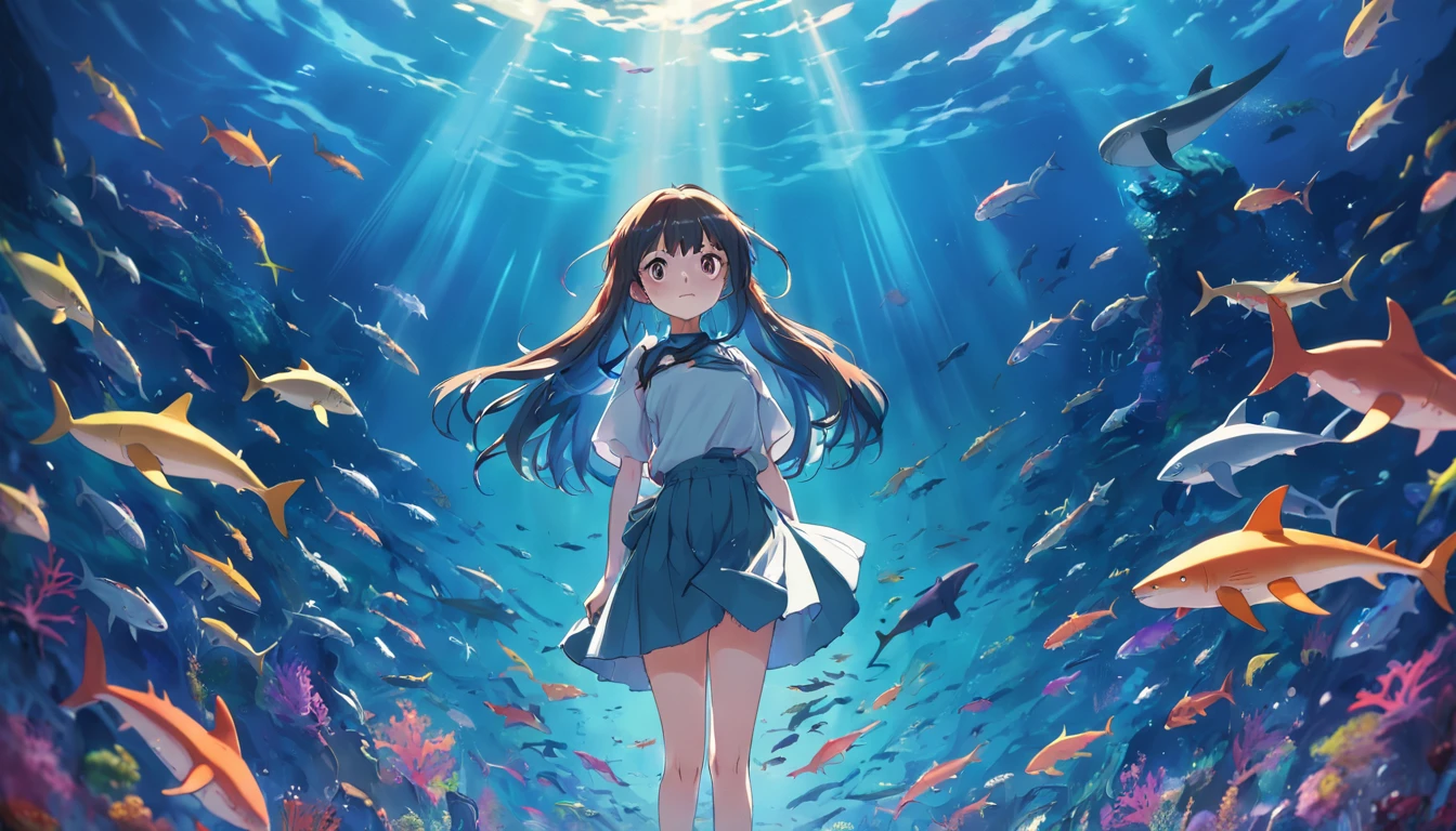 Girl standing at the bottom of the sea、the shark、ocean floor、coloured with lots of colour、Brilliant light、