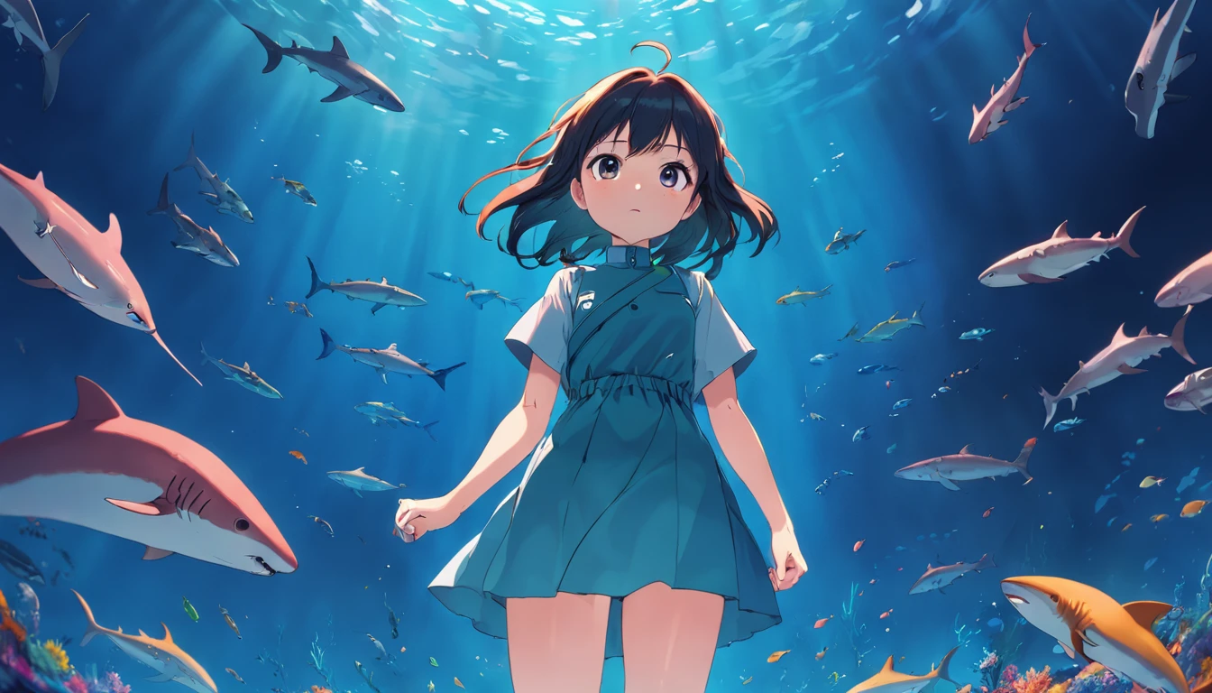 Girl standing at the bottom of the sea、the shark、ocean floor、coloured with lots of colour、Brilliant light、