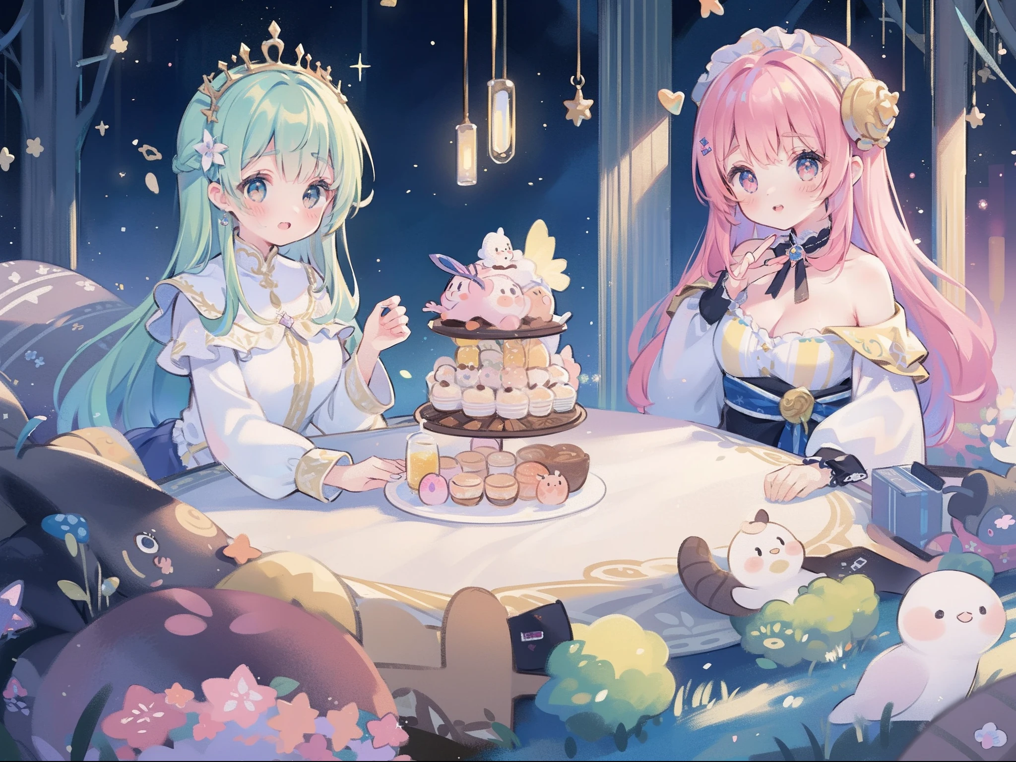 masterpiece, best quality, 8k resolution, sharp focus, intricate detail, beautiful 3girls, sparkling eyes, golden ratio face, otherworldly liquid, watercolor, pastel colors, bright colors, whimsical, colorful, sharp focus, high resolution, fine detail, ((layered tiered puffy long sleeves ballgown)), ((round eyes)), iridescent bubbles, fantasia background
