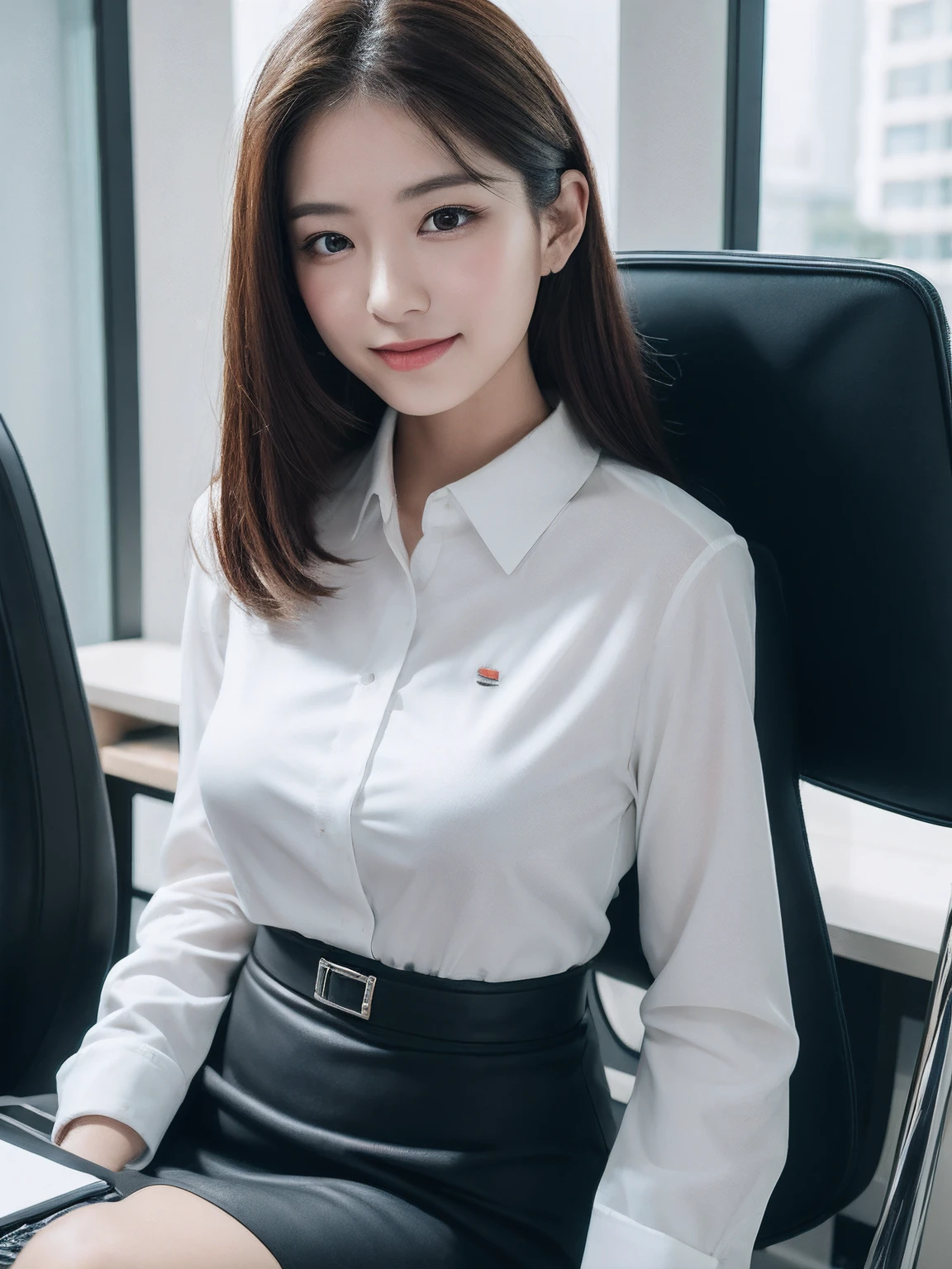 (girl with: 1.6), (lola:RussianDoll:0.4), (lola:TaiwanDoll:0.4), (Best Quality, 8K, masutepiece: 1.3), Focus 1.2, Perfect Body Beauty: 1.4, Highly detailed face and skin texture, Delicate eyes, Double eyelids, Whitened skin, long hair split edges, (Round face: 1.4), gaze at the audience, Leaking teeth and smiling, Sit next to the audience, window, (Full body: 1.1), Secretary, assistant, Black upper body business suit, Suit, Tight skirt, Sitting in office in skyscraper using computer, a computer, printer, desk work, Office Chair, document, folder, a computer, Note PC, mobile phone, teacup