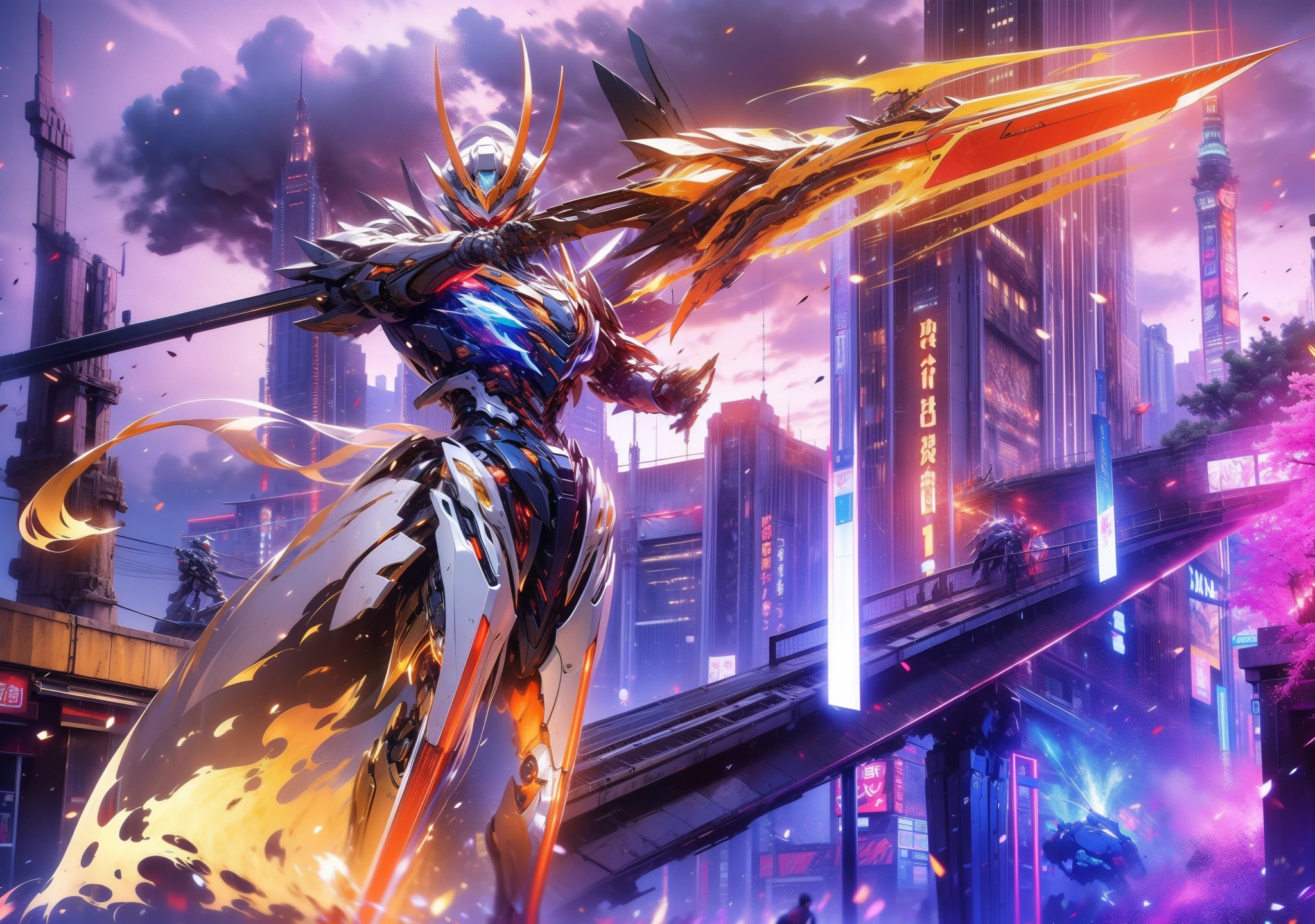 super wide shot, Full body frontal photo,Mecha male warrior close-up,Future warrior style《Mech color:silvery white》,(Holding a red tasseled gun,The gun body itself glows orange-red),Keqing from Genshin Impact, (Masterpiece) , The best quality, High quality,电影灯光, (Exquisite future), Beautiful and beautiful, Ultra detailed, great composition, Floating, Depth of field, (Very detailed CG,Unity 8k壁纸), (Beautiful detail background), dramatic lights, GOGETTA, Mecha,best qualtiy,Ultra-high 8K Ultra HD,digital SLR camera,high qulity,Film particle resolution,